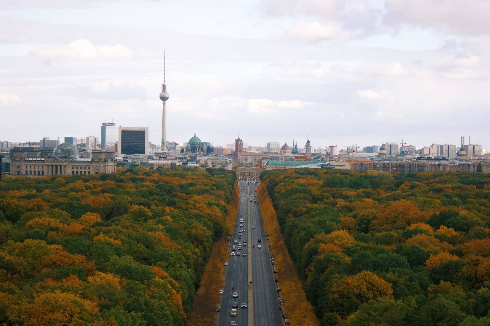 Stunning autumn cityscape of Berlin with the Tiergarten and TV Tower in the background.