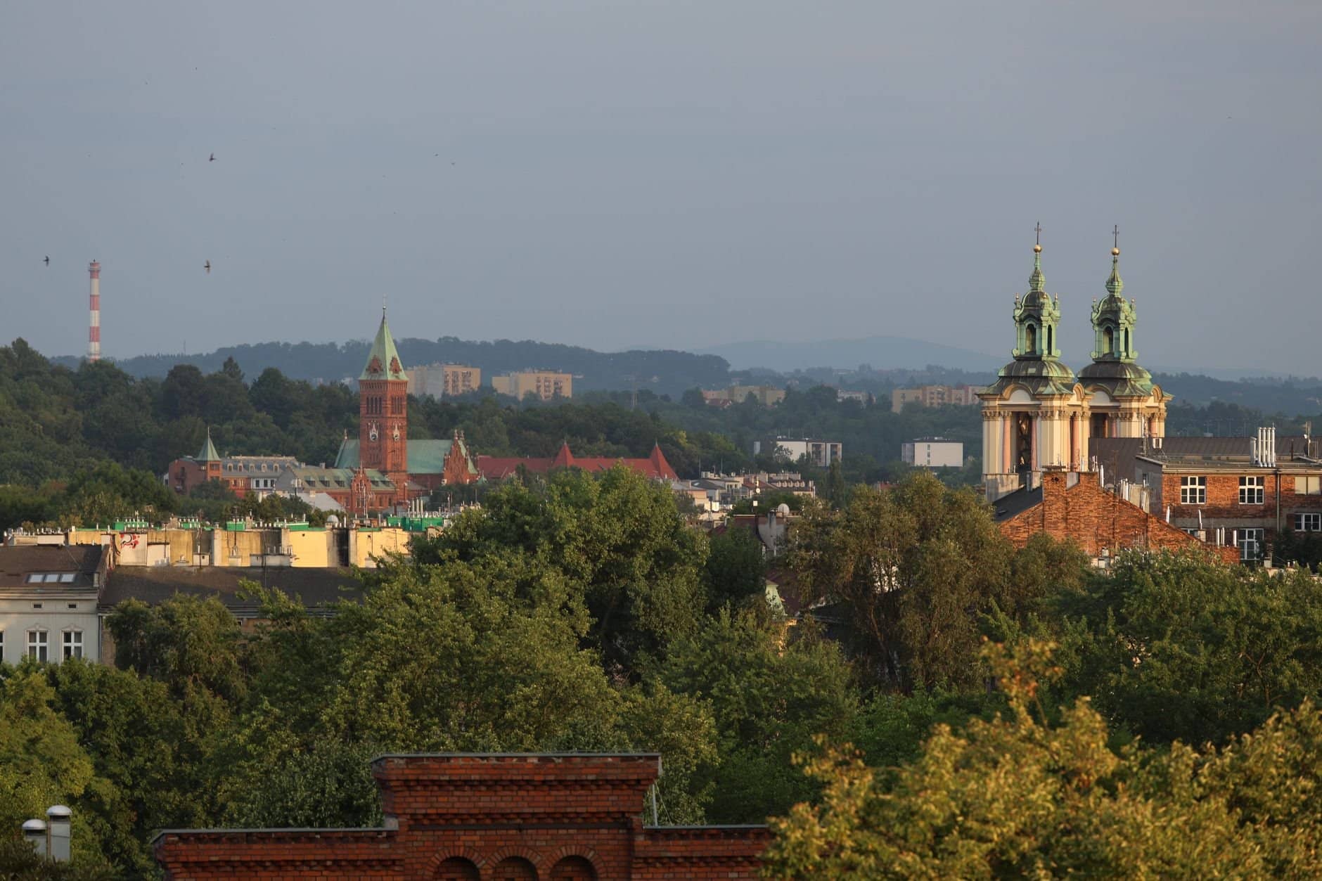 Scenic view of Krakow skyline showcasing historic church towers under a clear sky.