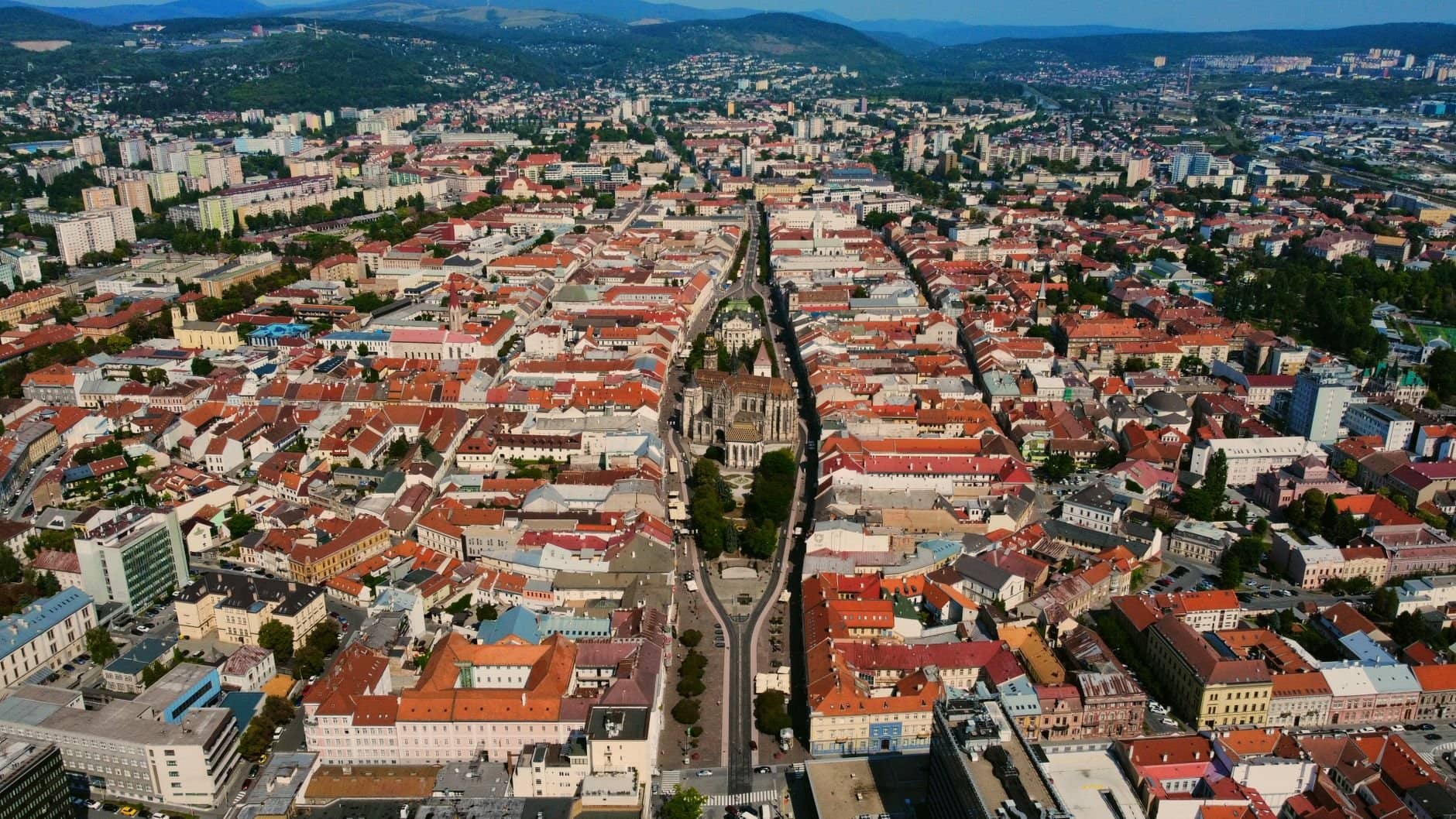 Aerial view of Košice, Slovakia showcasing vibrant cityscape and iconic architecture.