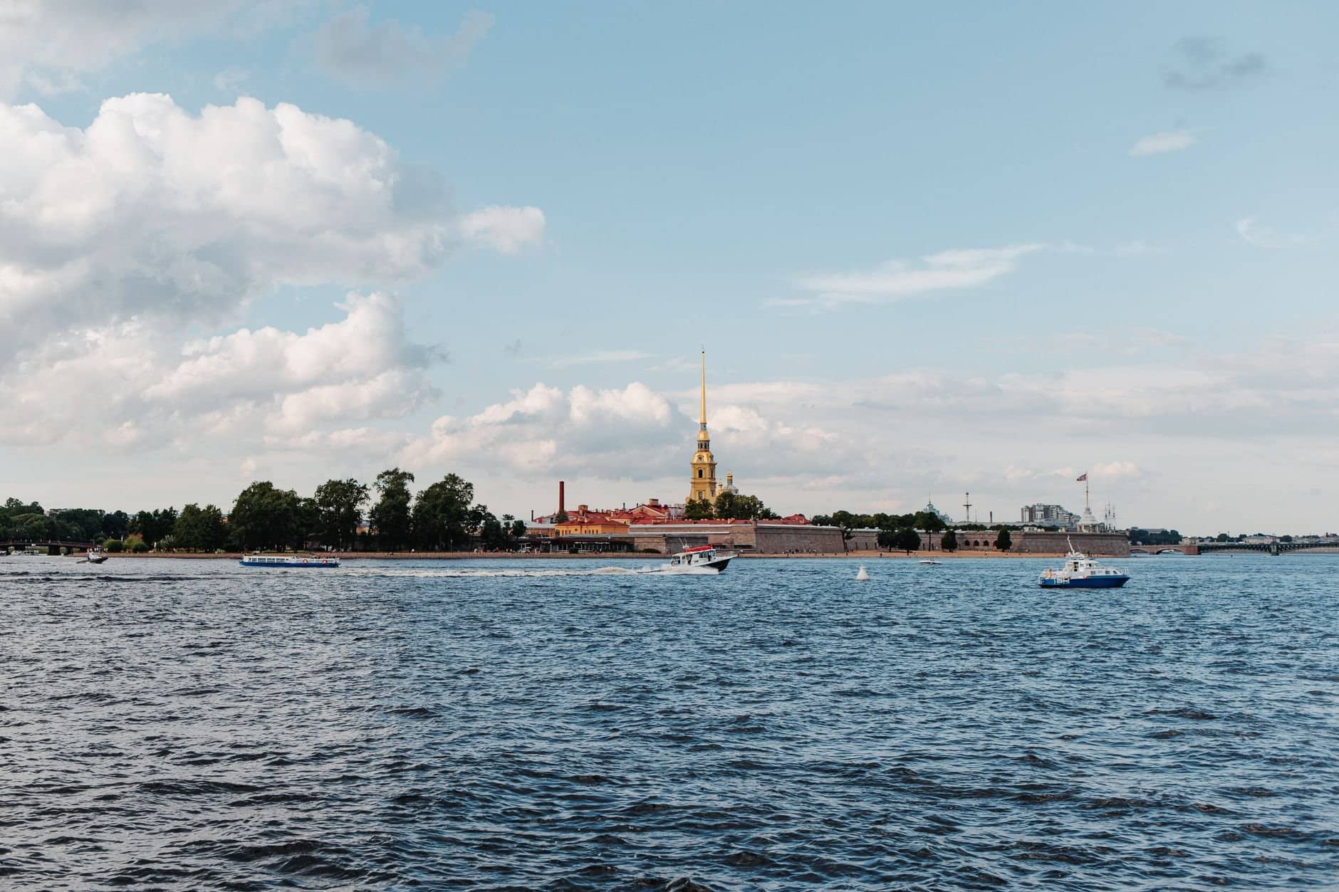 Beautiful view of Peter and Paul Fortress, Saint Petersburg across the water.