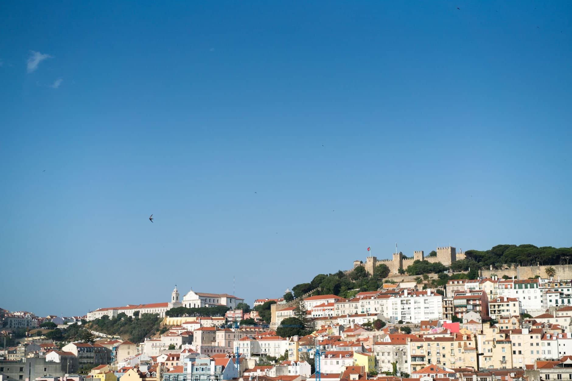 Amazing view of Lisbon City slope under clear blue sky on beautiful day in summertime