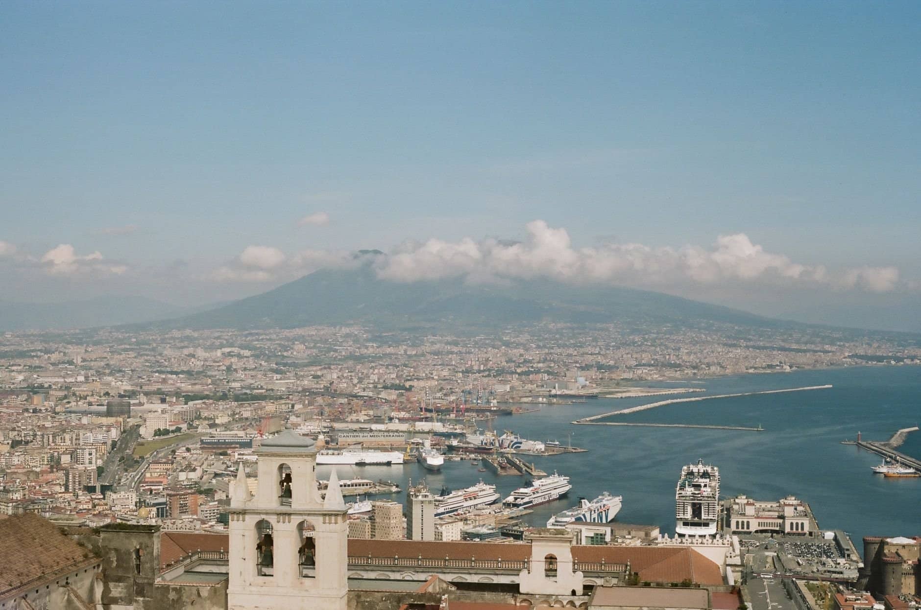 Panoramic aerial view of Naples and Mount Vesuvius on a clear day.