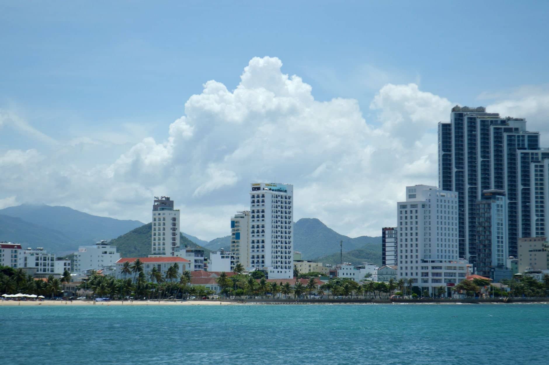 A vibrant city skyline with tropical beachfront and mountain backdrop.