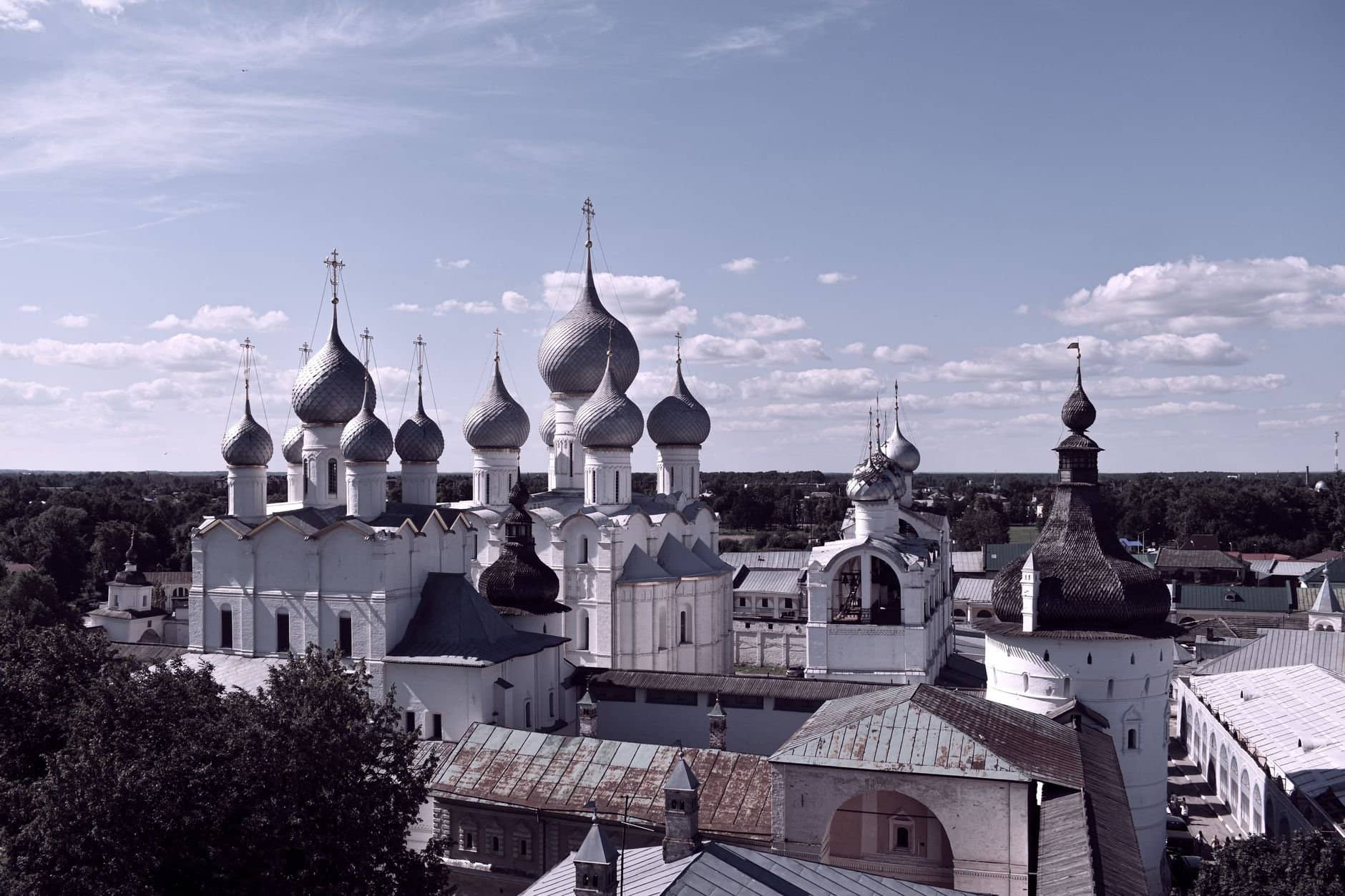 Stunning aerial view of the Rostov Kremlin under a summer sky in Russia.