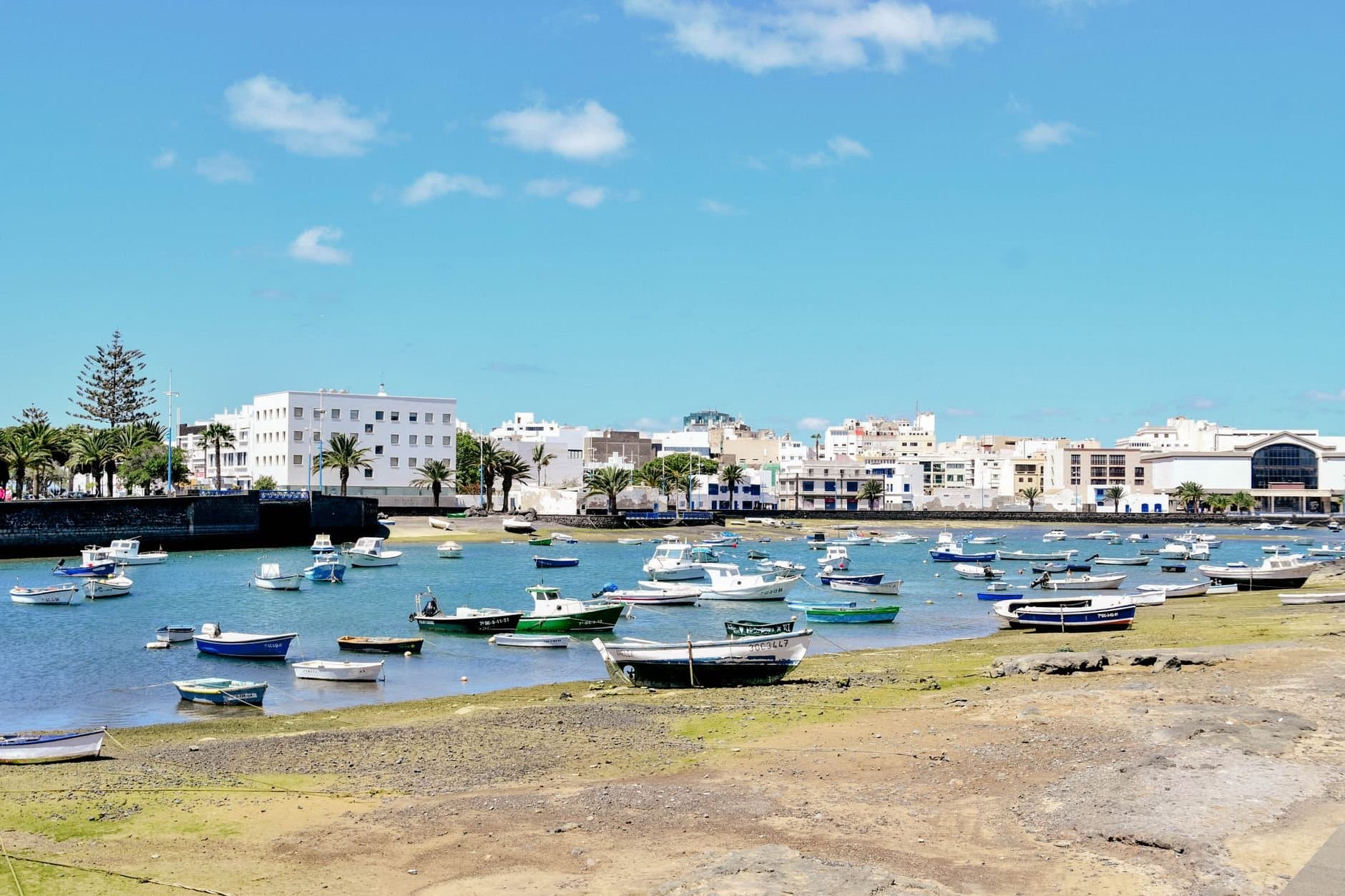 Scenic view of boats in the harbor of Arrecife, Canary Islands under a clear blue sky.