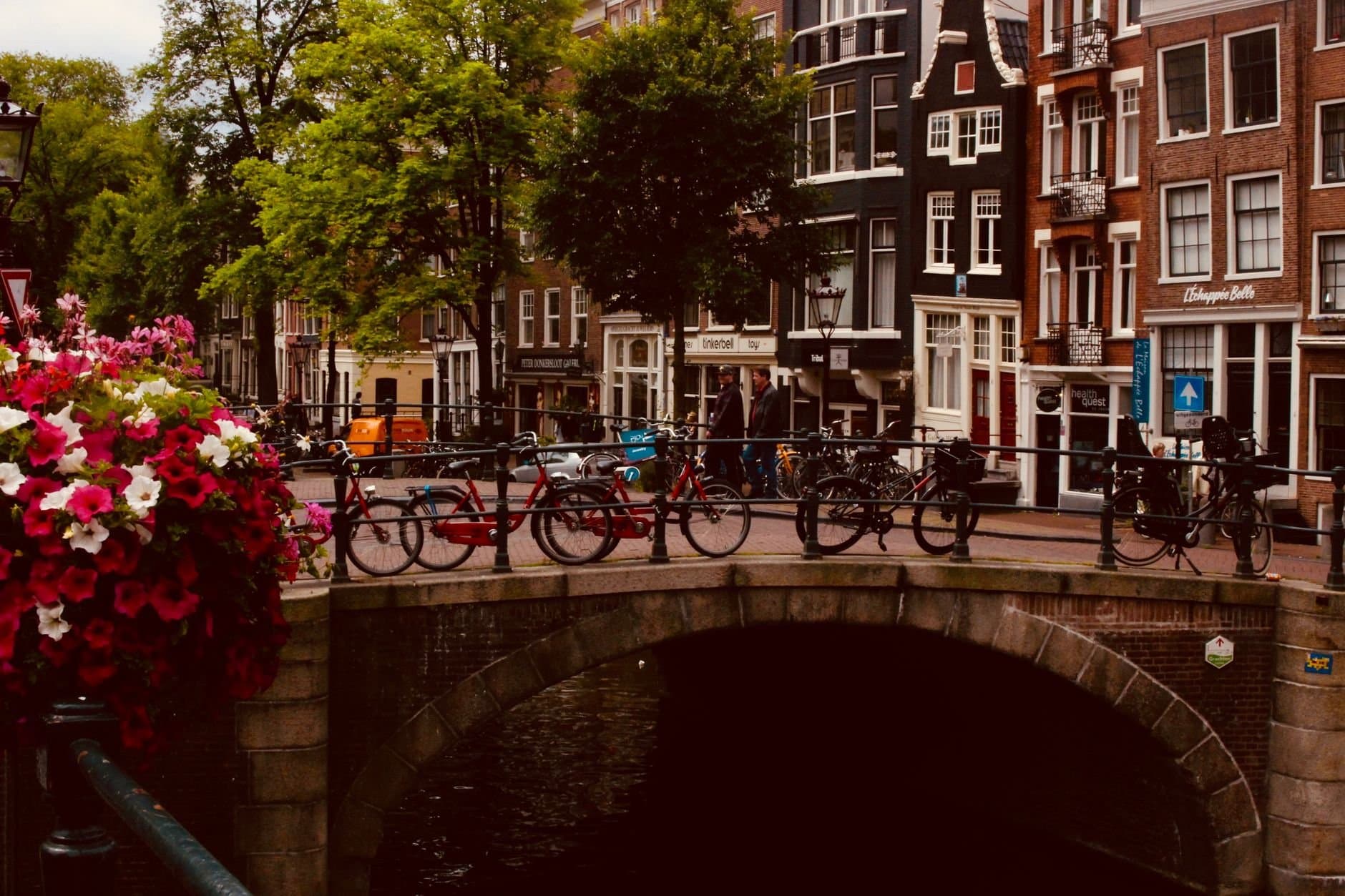 Scenic view of an Amsterdam canal bridge adorned with bicycles and vibrant flowers, perfect for urban travel inspiration.