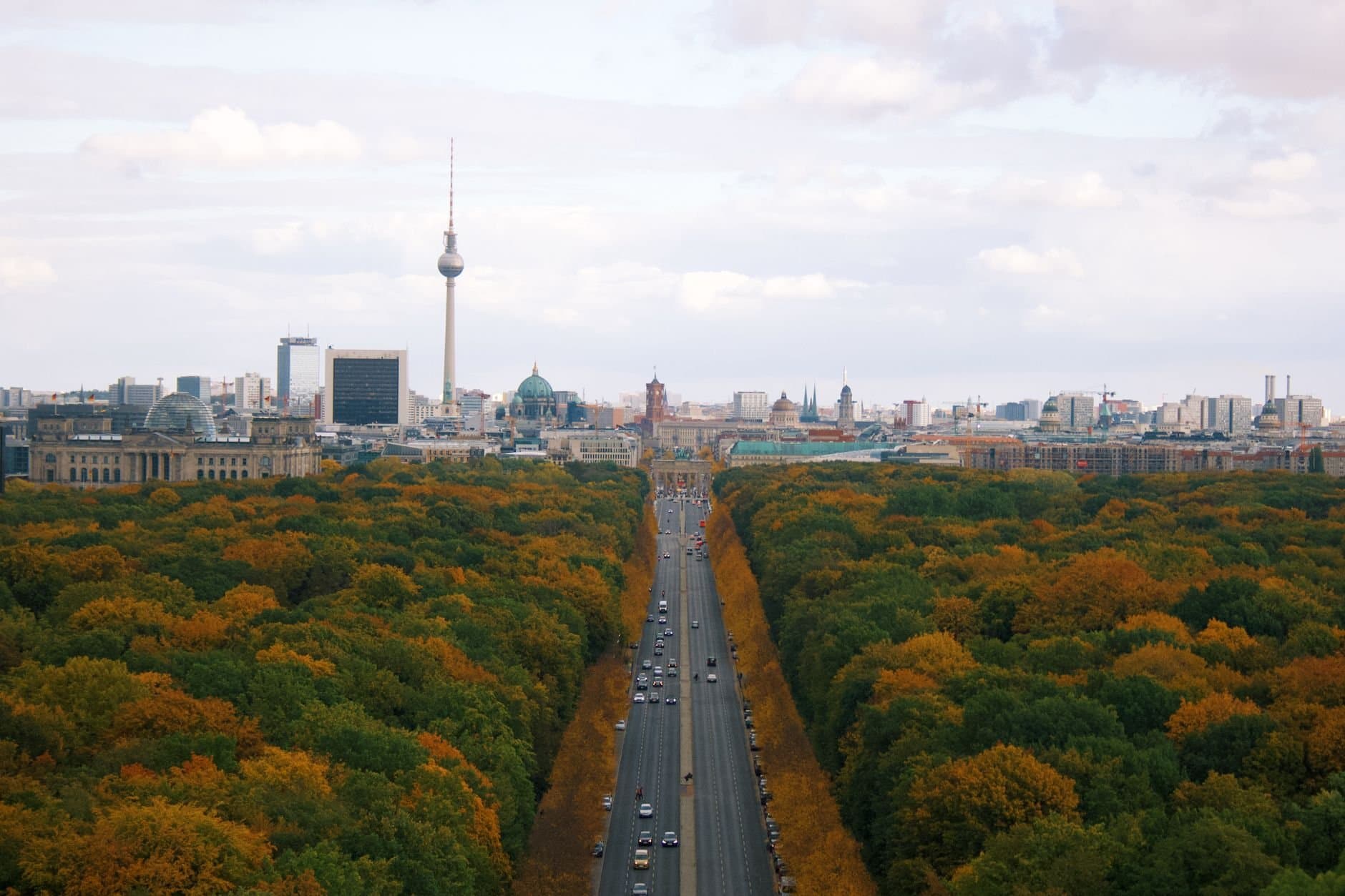 Stunning autumn cityscape of Berlin with the Tiergarten and TV Tower in the background.