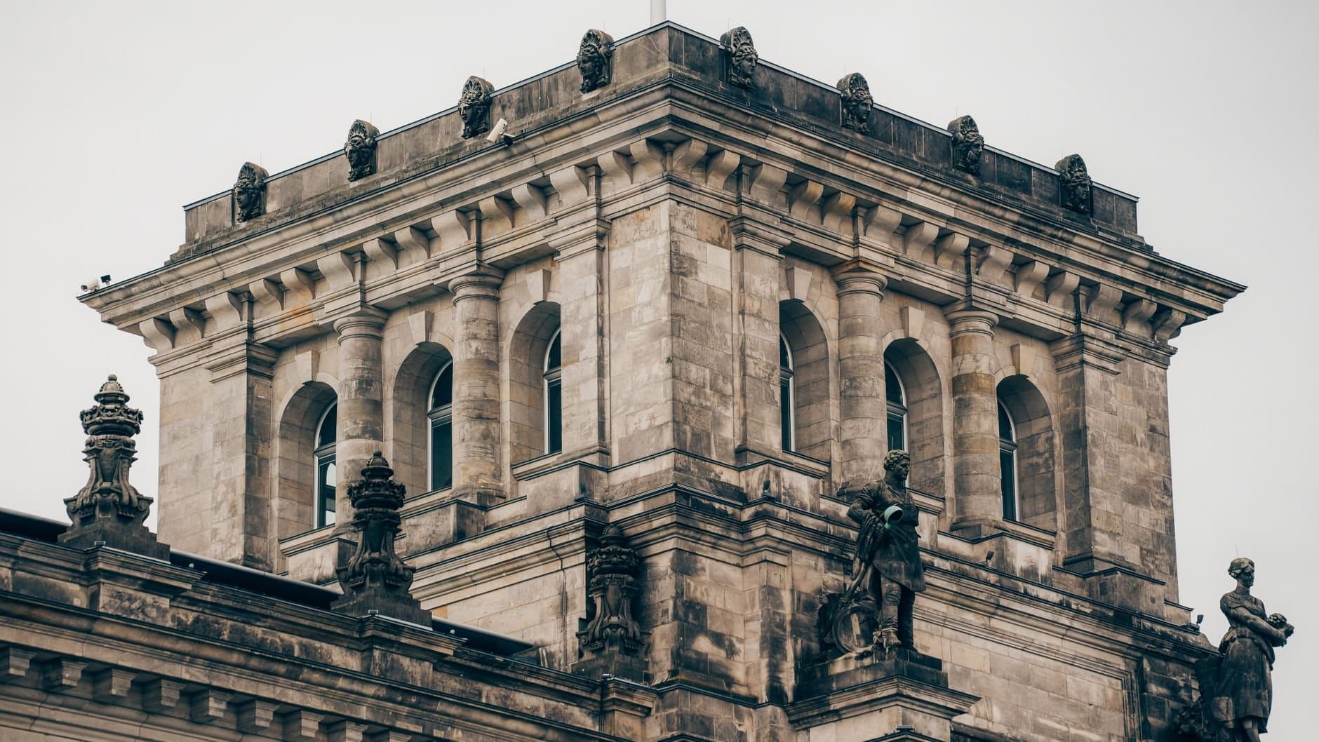 Close-up of the architectural details of the Reichstag Building in Berlin, Germany.