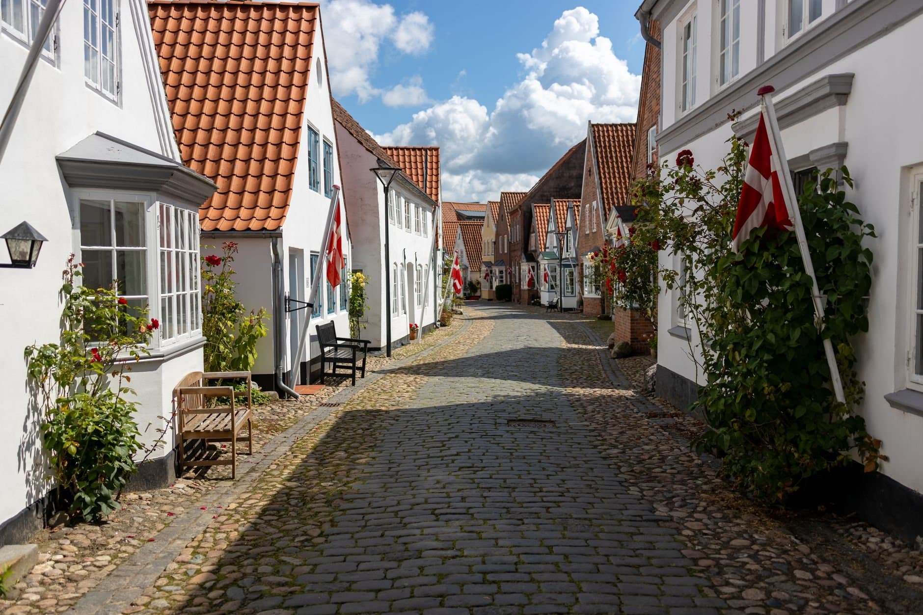 Picturesque cobblestone street lined with quaint homes and Danish flags in Tonder, Denmark.