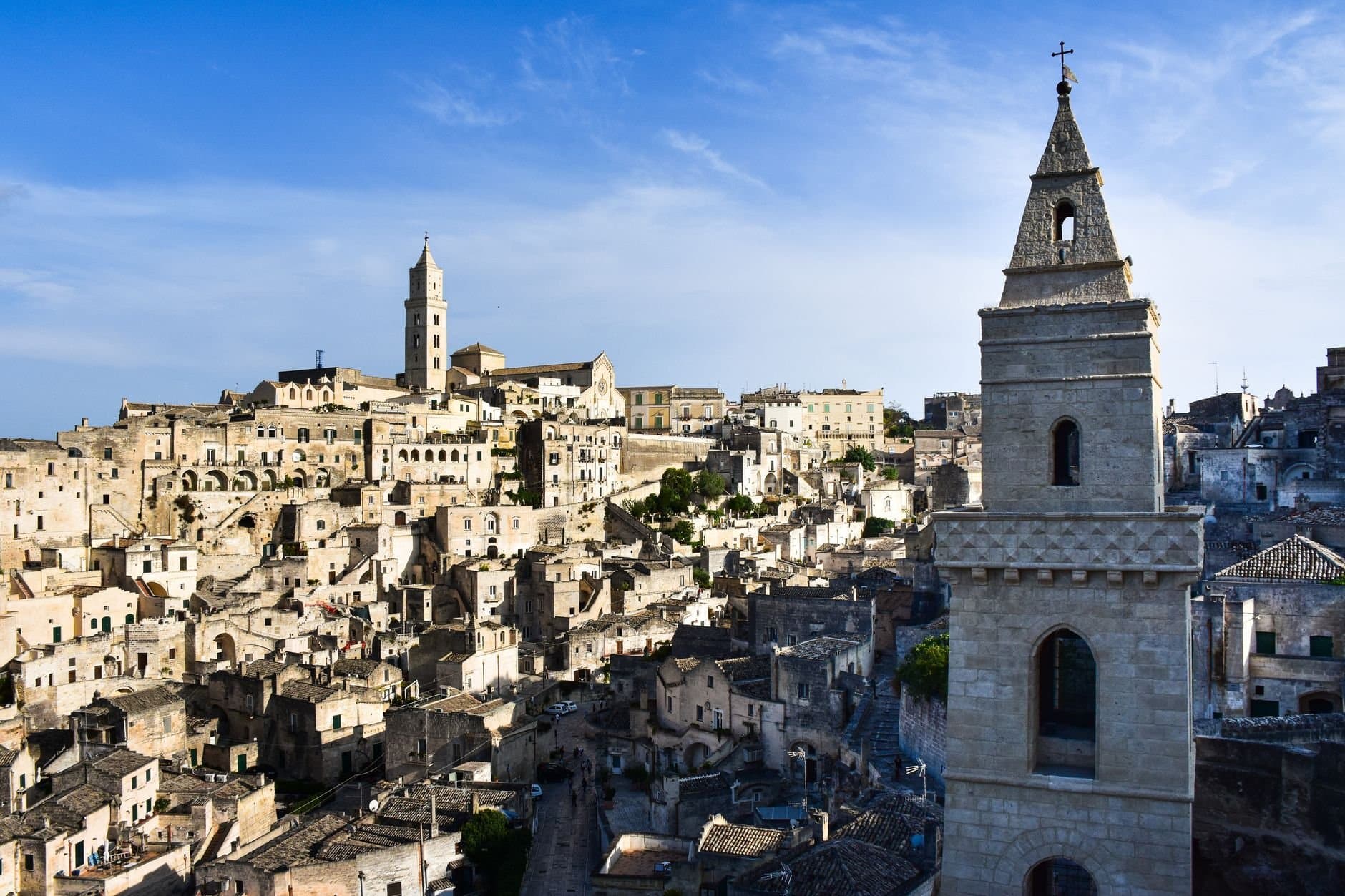 A stunning view of the historic cityscape of Matera, Italy, showcasing ancient architecture.