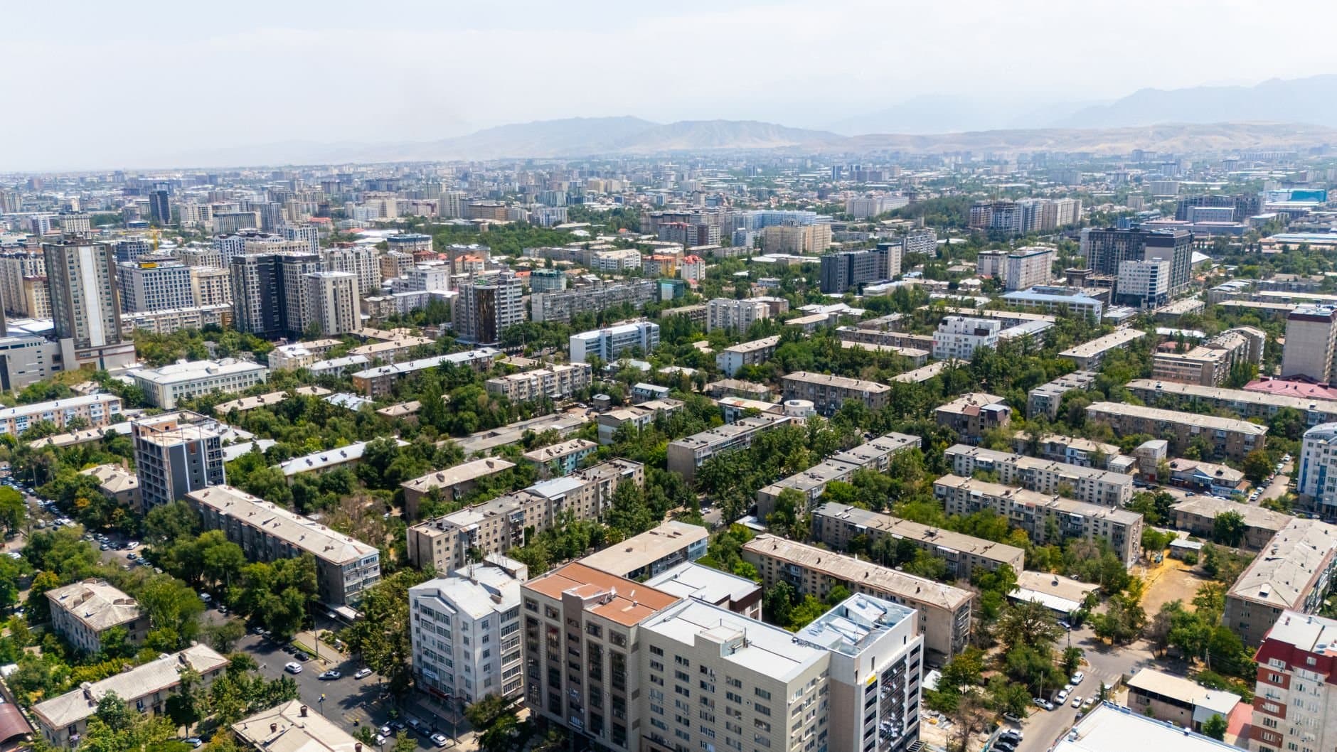 A sweeping aerial view showcasing Bishkek's urban landscape with buildings and greenery in summer.