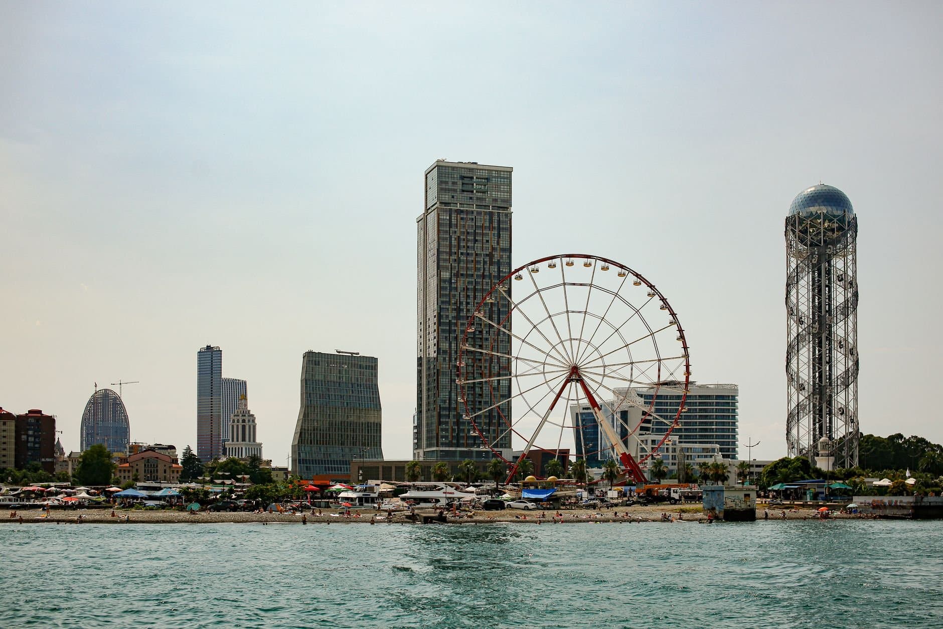 View of Batumi, Georgia's skyline featuring the Ferris wheel and modern architecture.