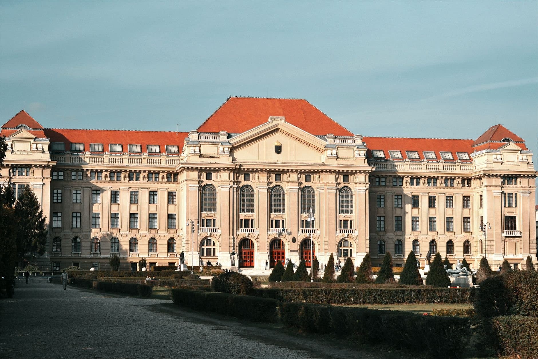 Historic university facade with baroque architecture in Debrecen, Hungary.