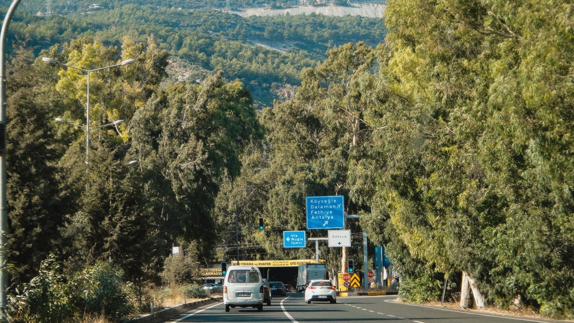 Cars driving on a scenic road near lush Turkish forest with road signs.