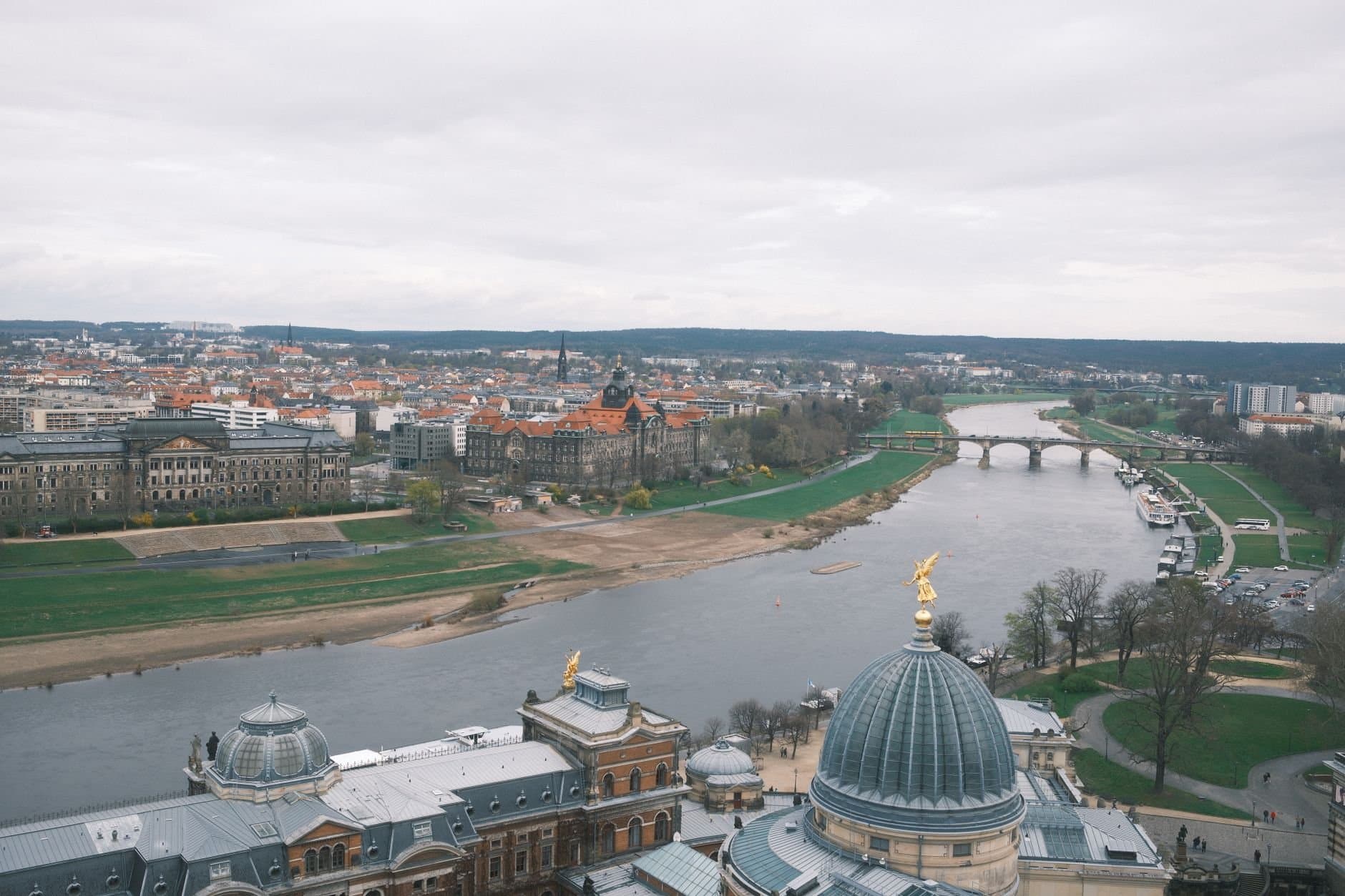A stunning aerial view of Dresden showcasing the Elbe River and historic architecture.