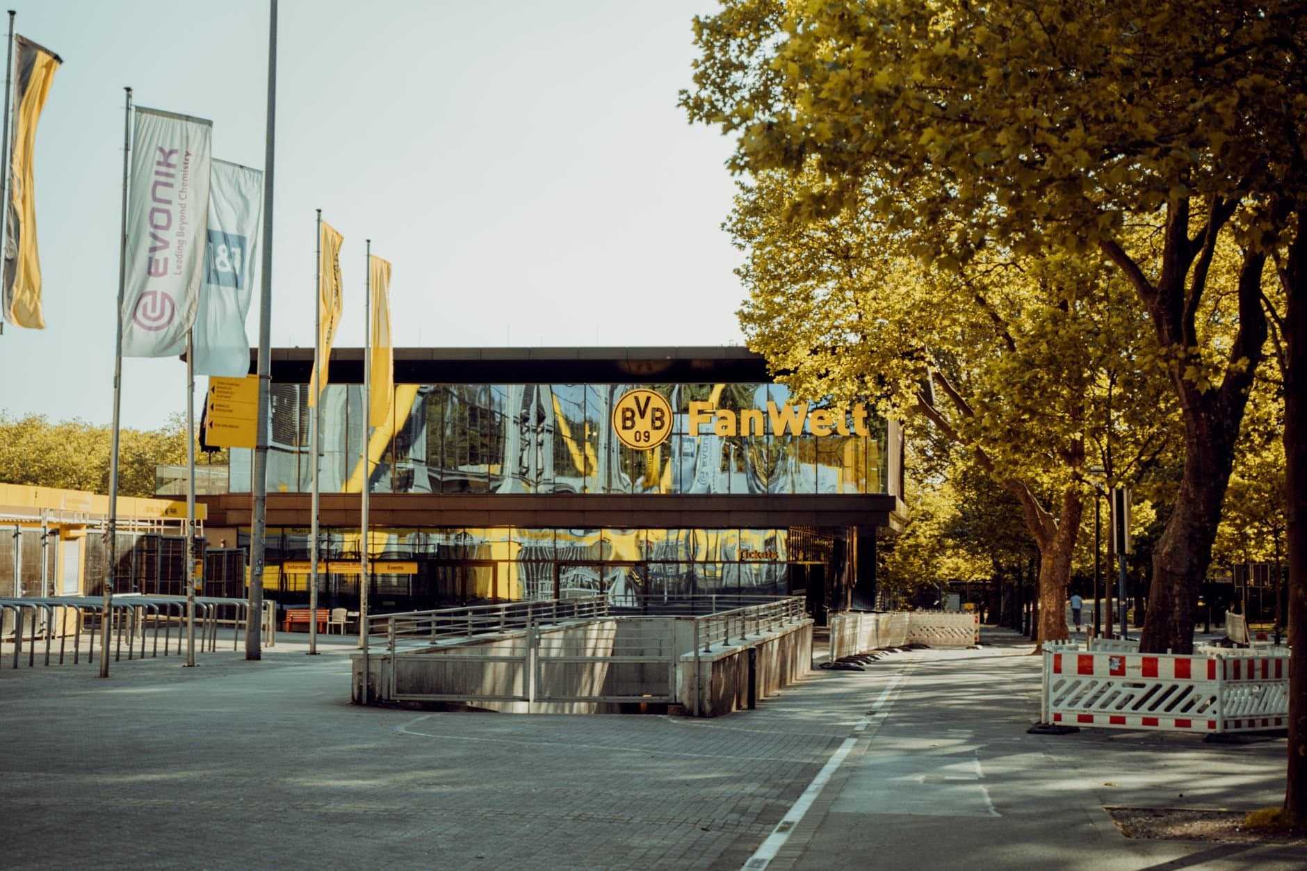 Exterior view of BVB Fanwelt, a local landmark near Dortmund's stadium, Germany.
