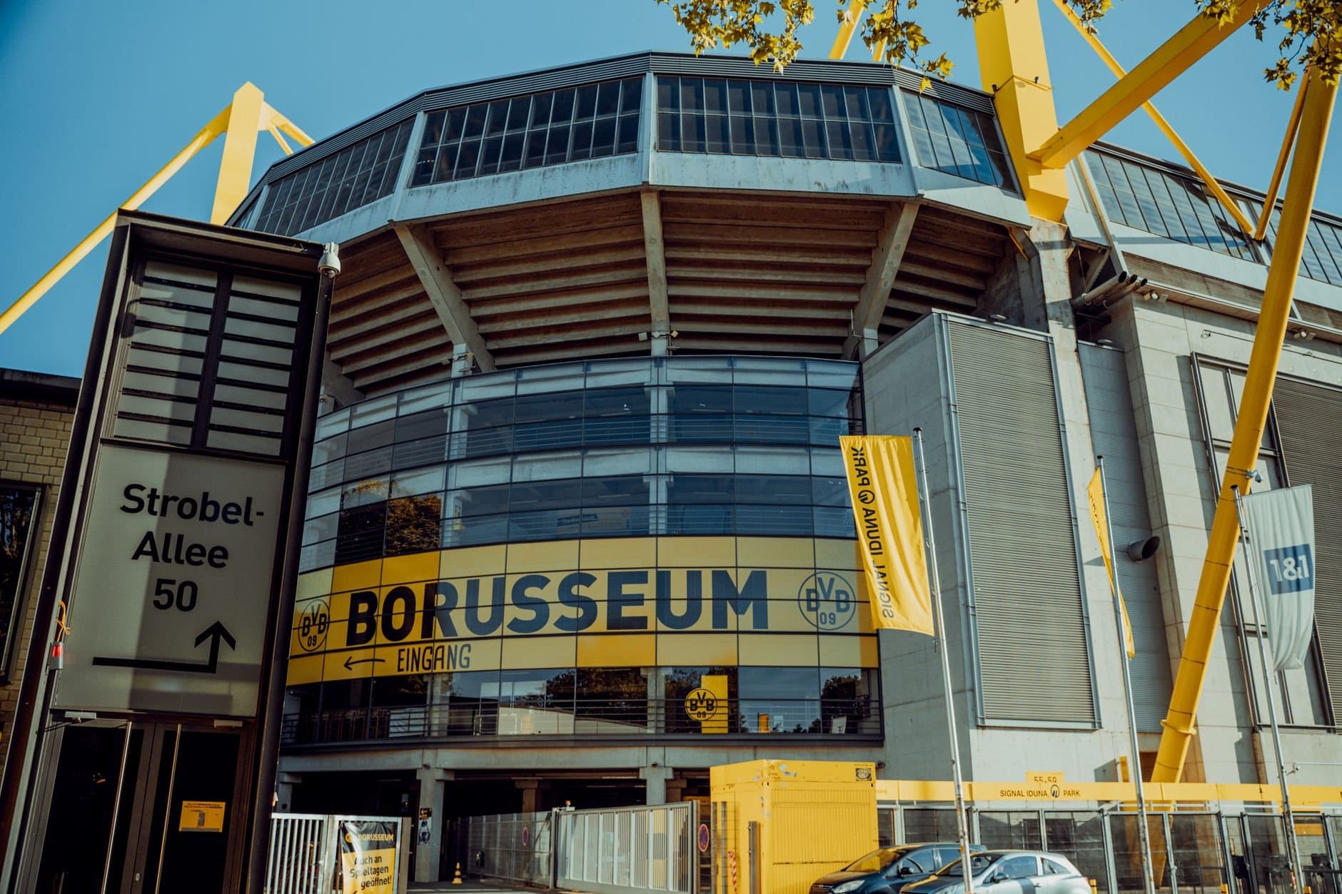 Front view of Signal Iduna Park, home of Borussia Dortmund, located in Dortmund, Germany.