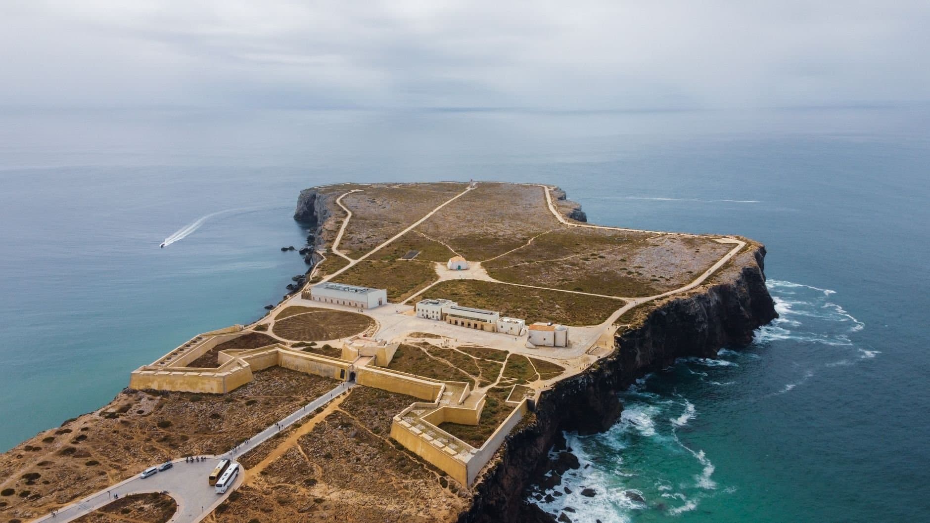 A stunning aerial shot of Sagres Fortress on the Portuguese coastline, Faro District.