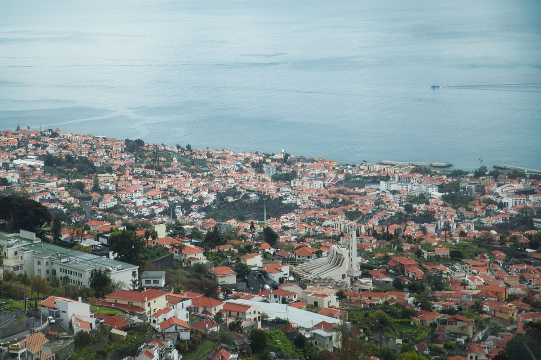 Stunning aerial view of Funchal, Madeira Island showcasing red rooftops by the sea.