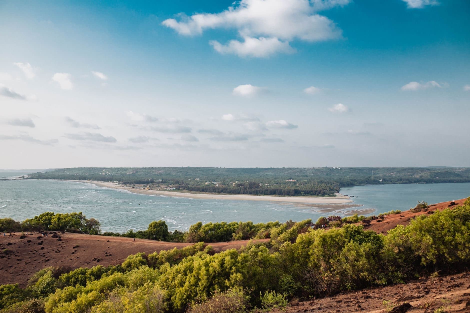 A picturesque view of Mandrem Beach with lush greenery and blue sky in Goa, India.
