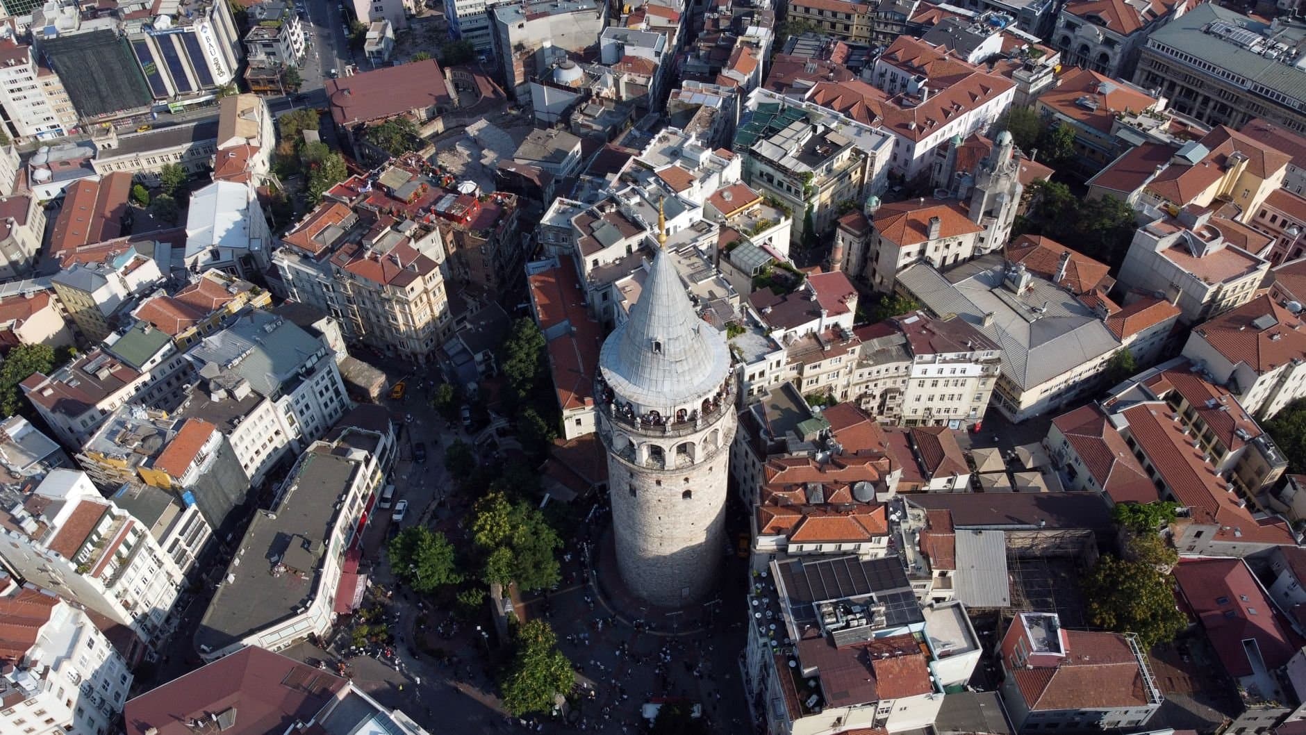 A stunning aerial view of Galata Tower surrounded by Istanbul's vibrant architecture.