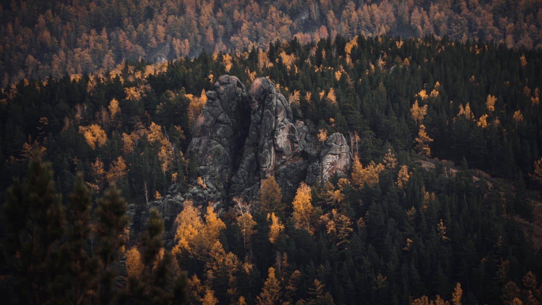 Captivating view of a rock formation amidst autumn foliage in Krasnoyarsk's forest.