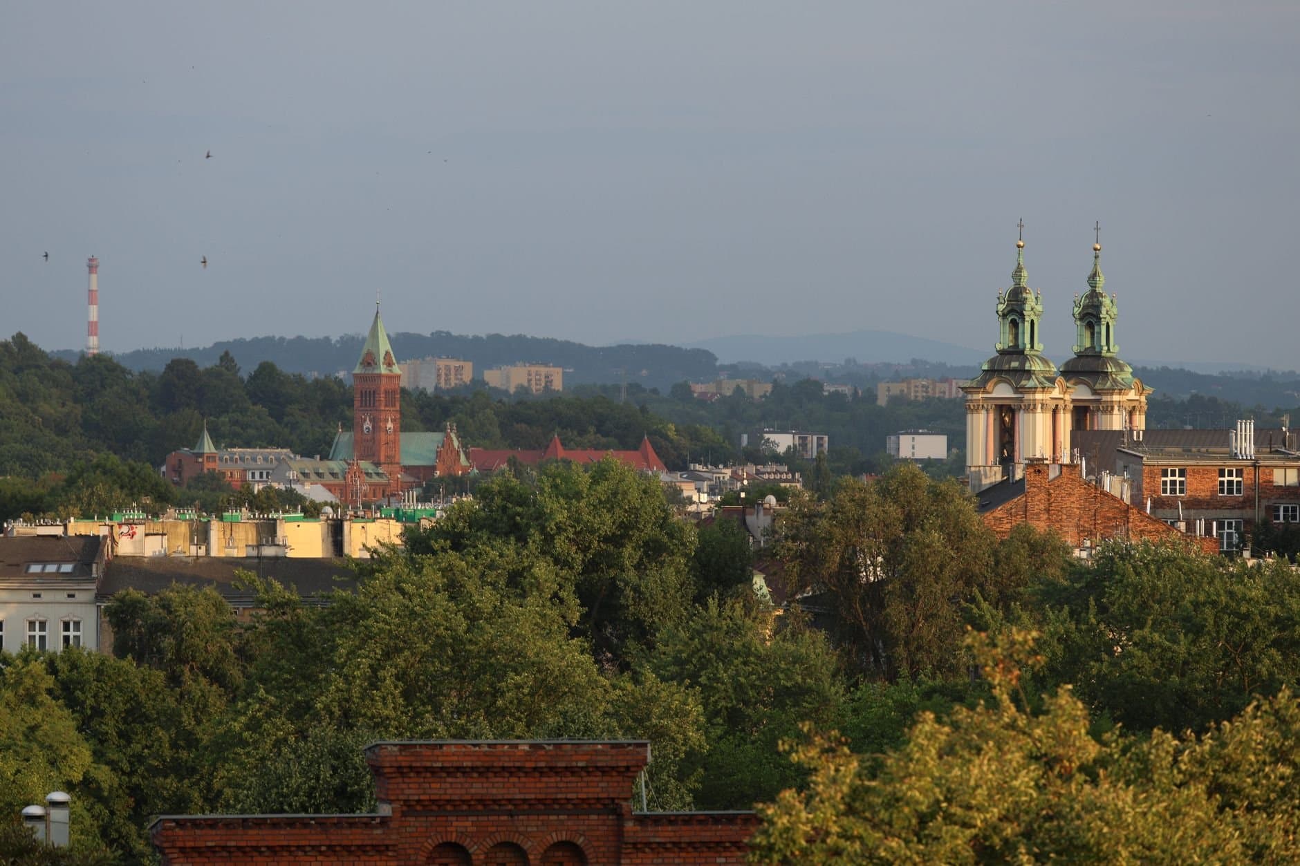 Scenic view of Krakow skyline showcasing historic church towers under a clear sky.