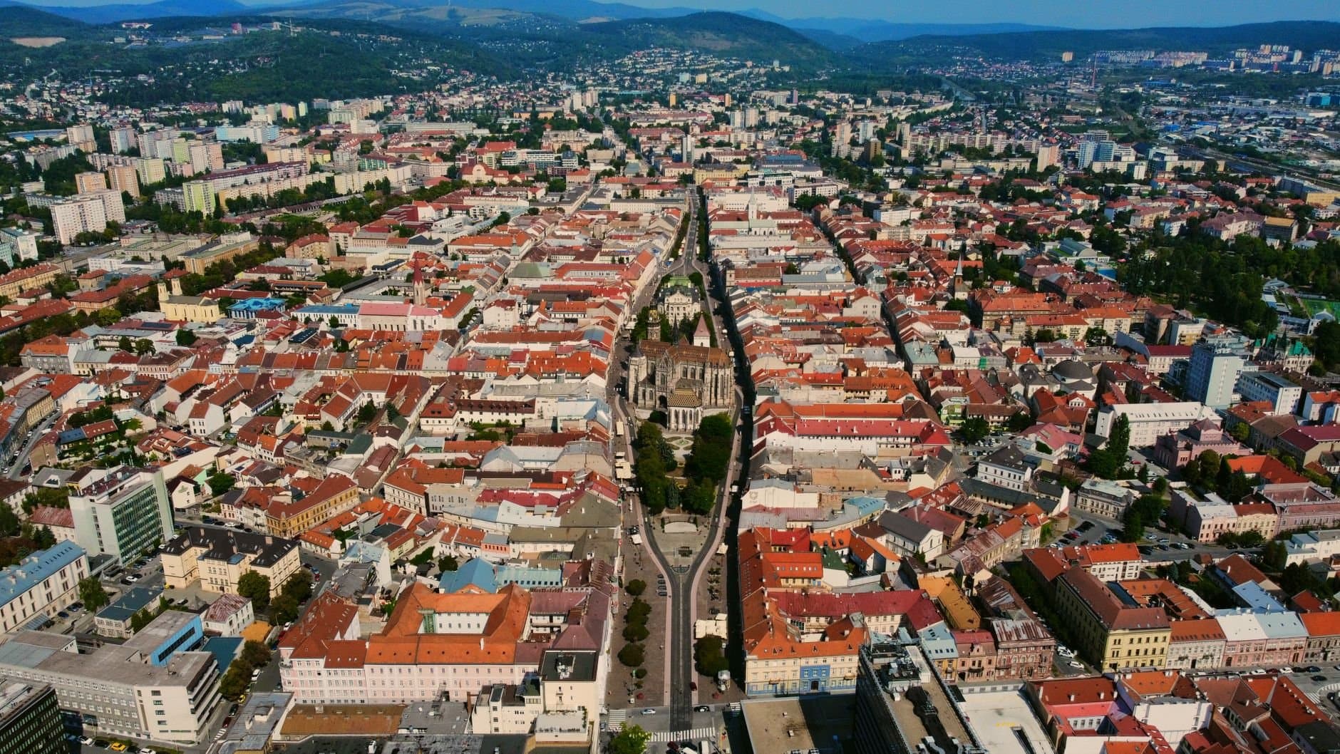 Aerial view of Košice, Slovakia showcasing vibrant cityscape and iconic architecture.