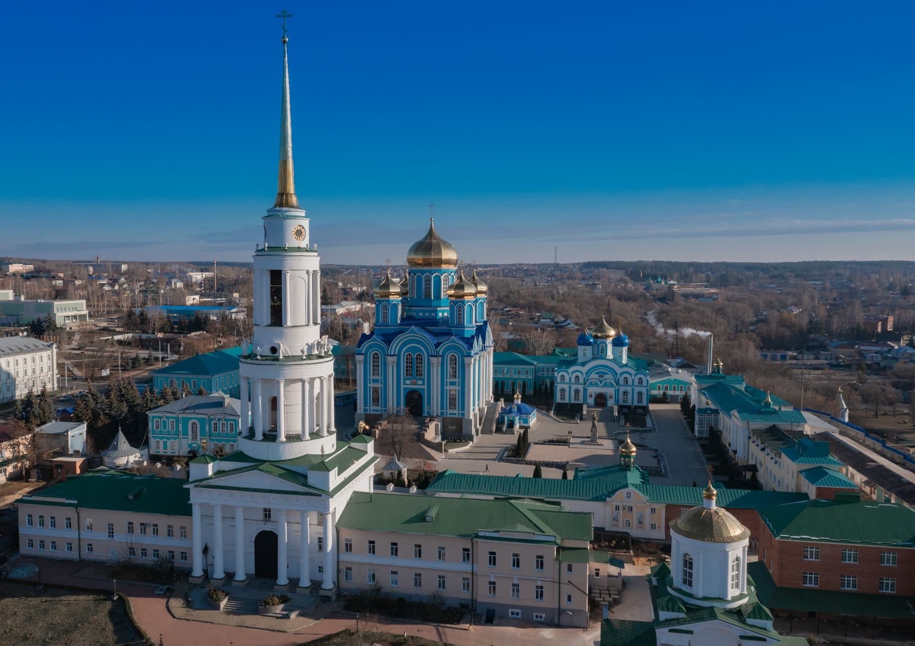 Aerial view of the stunning Zadonsk Monastery with its golden domes in Lipetsk, Russia.