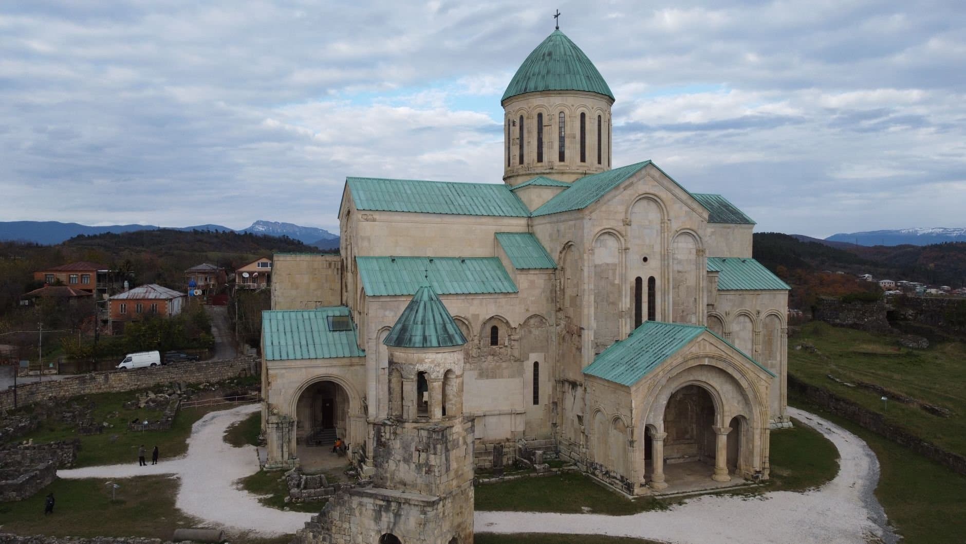 Aerial shot of the historic Gelati Monastery in Kutaisi, Georgia showcasing its medieval architecture.
