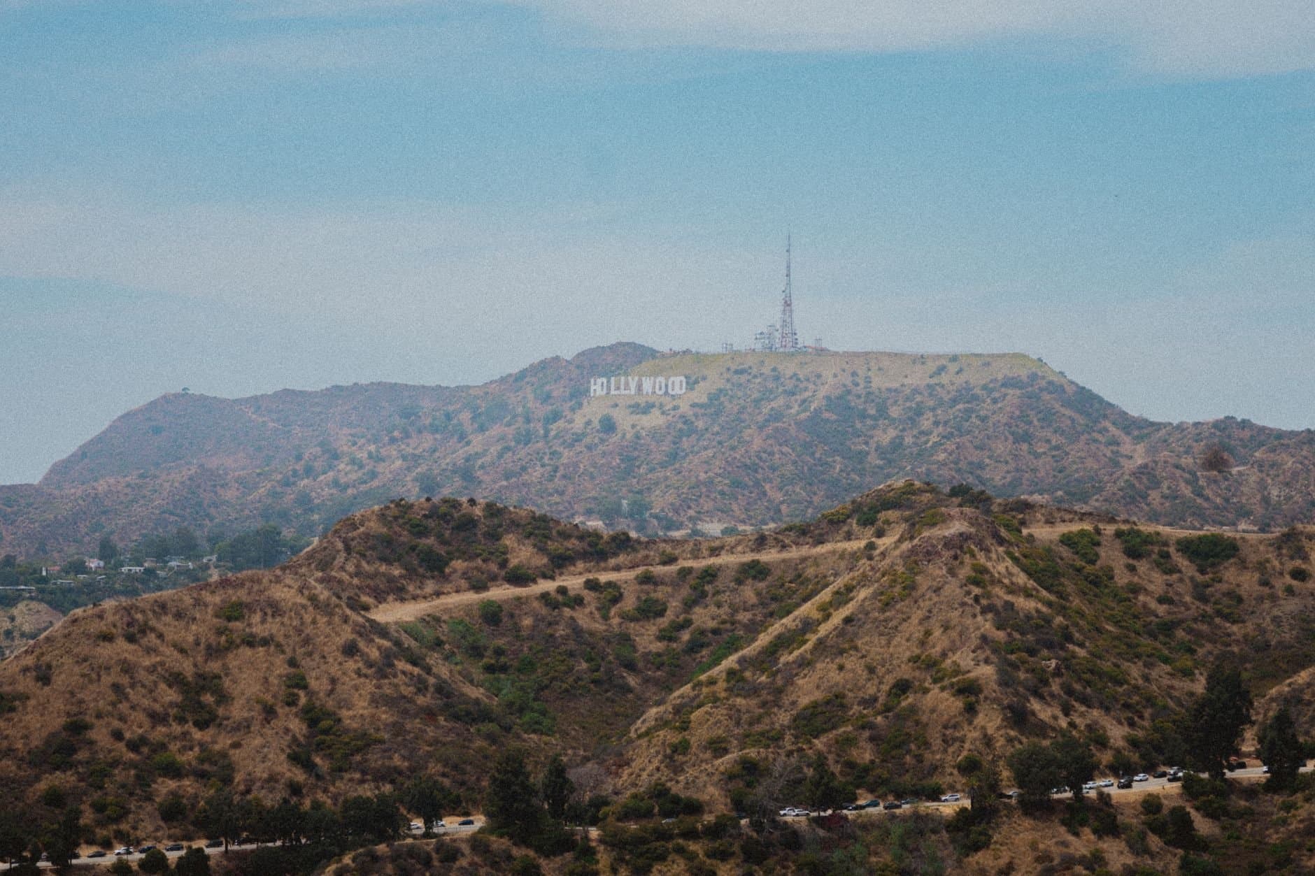 Scenic view of the Hollywood Sign atop Mount Lee in summer, USA.