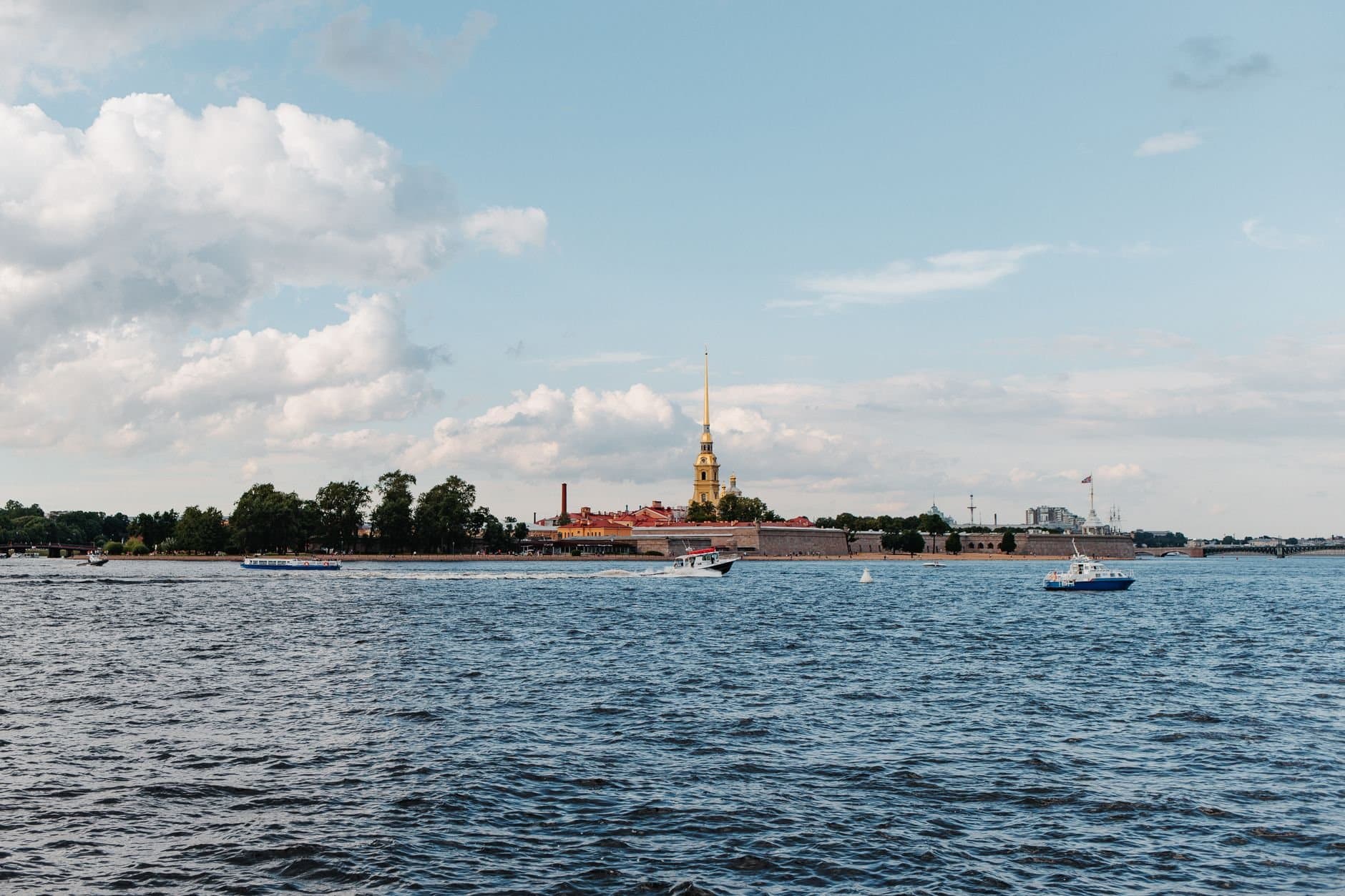 Beautiful view of Peter and Paul Fortress, Saint Petersburg across the water.