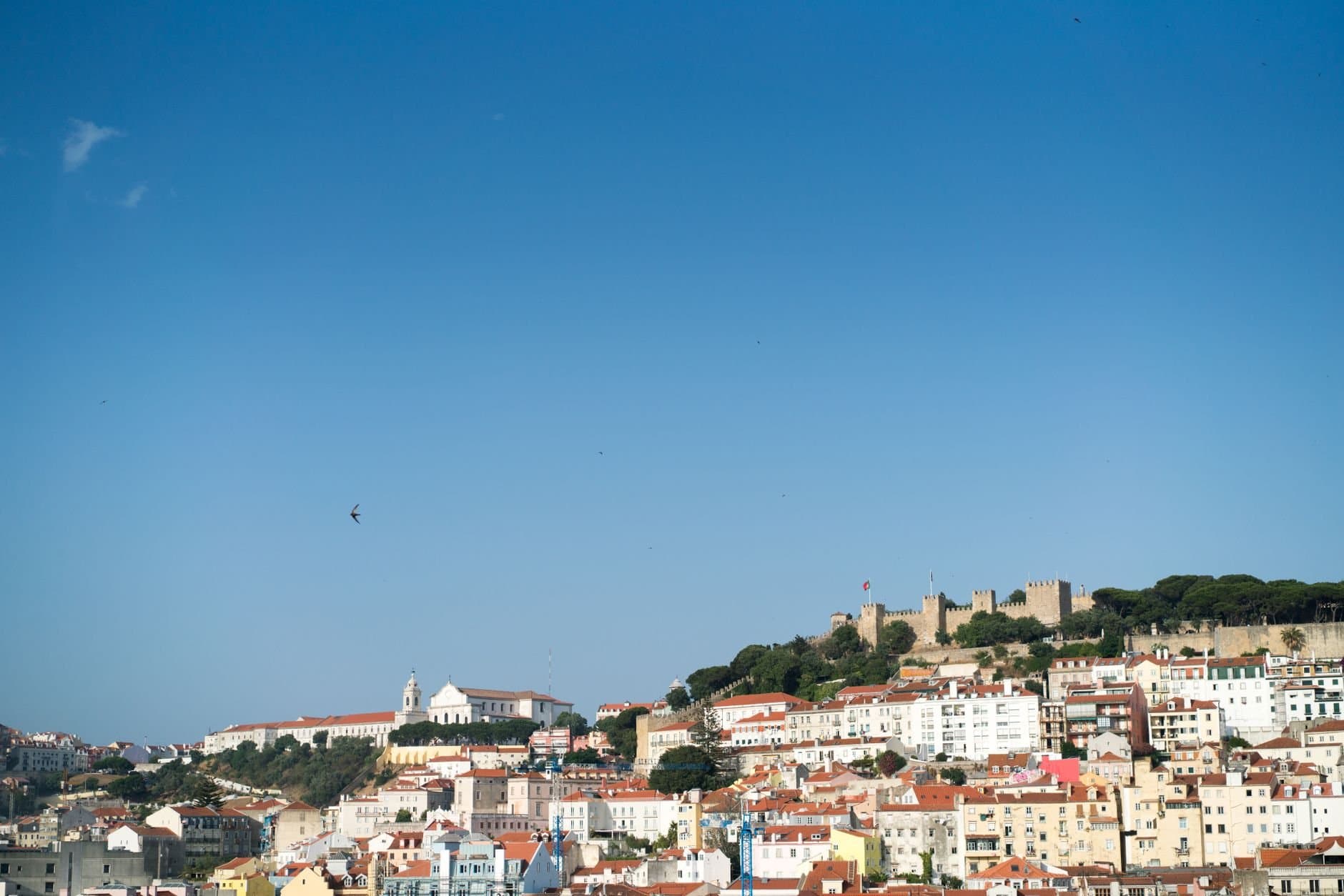 Amazing view of Lisbon City slope under clear blue sky on beautiful day in summertime