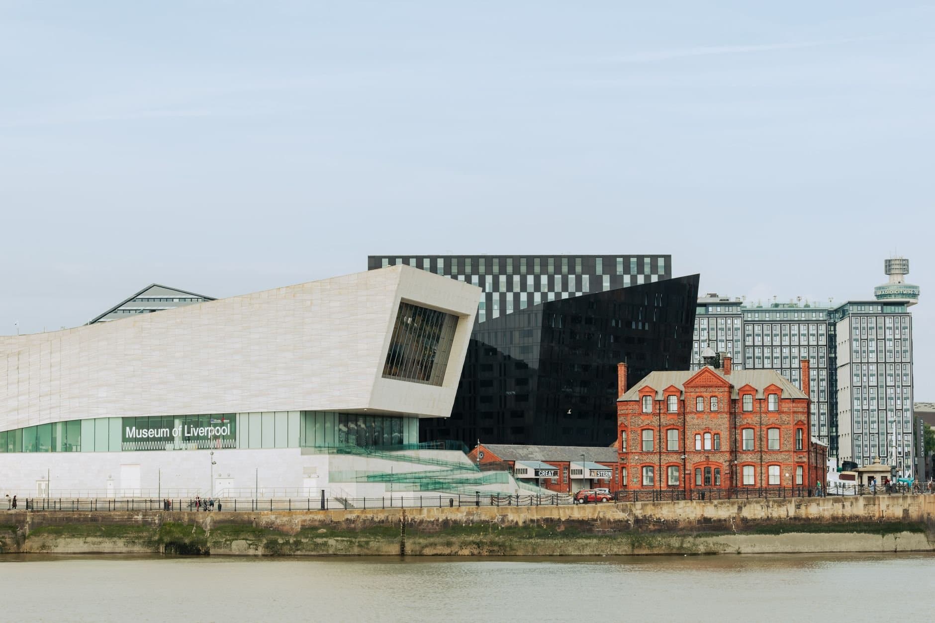 View of the Museum of Liverpool and surrounding modern architecture from the riverfront.