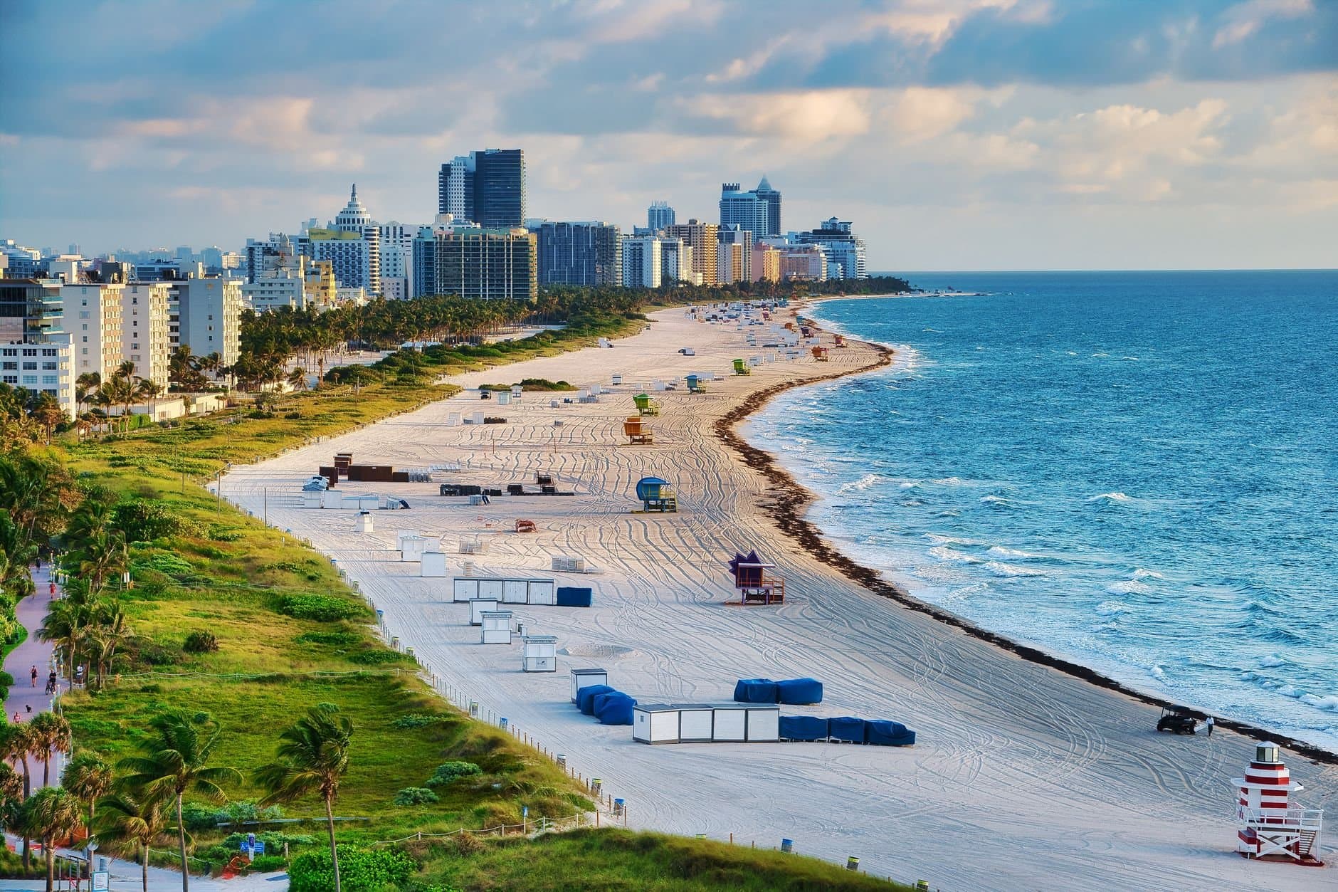Aerial photo of Miami Beach with skyline and ocean, showcasing a vibrant summer cityscape.