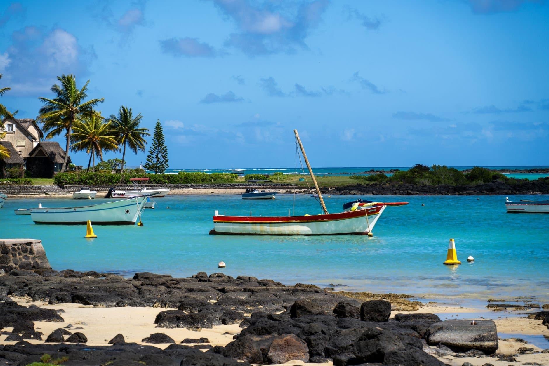 Tranquil beach view with boats, palm trees, and clear blue water in Mauritius.