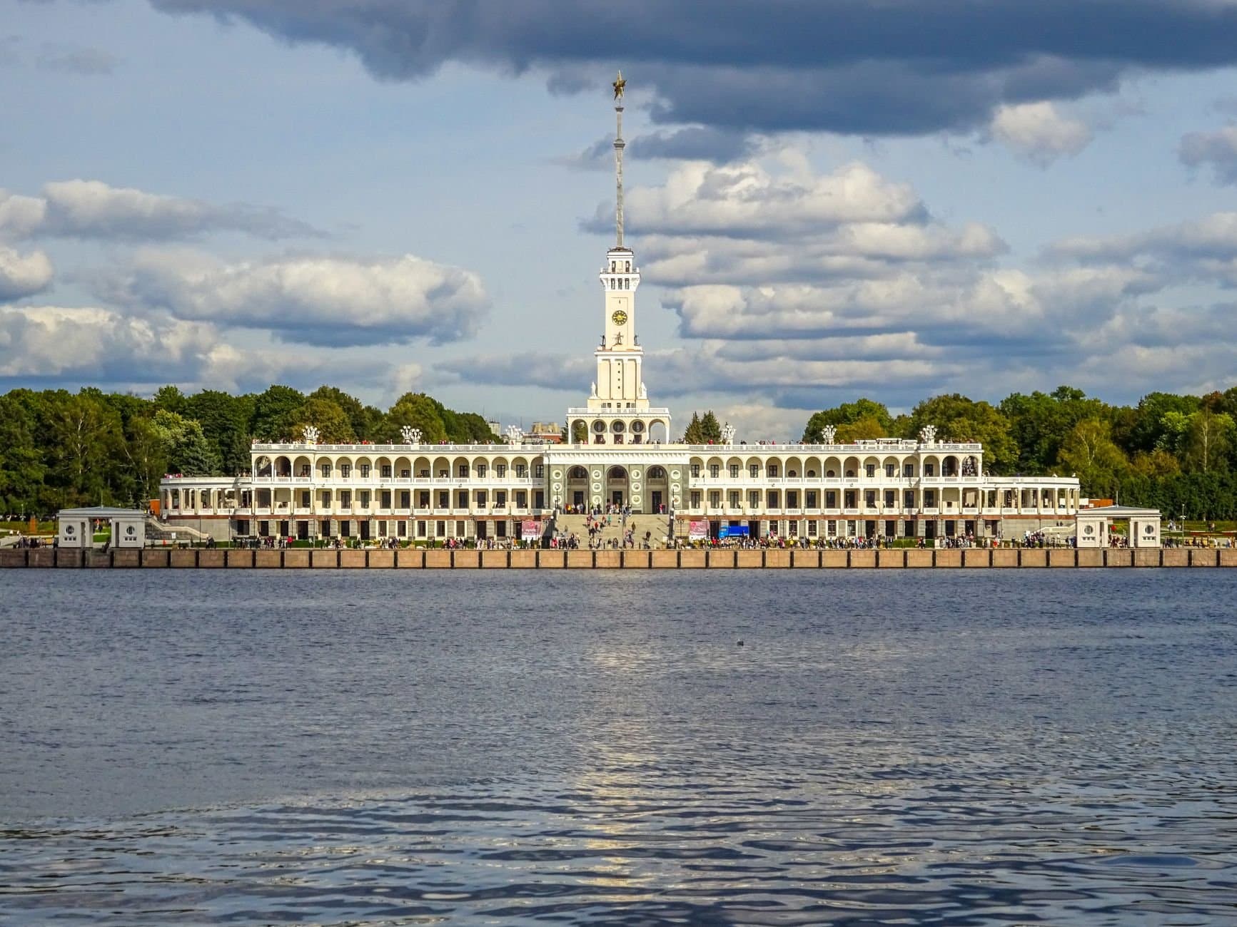 Scenic view of the historic North River Terminal in Moscow, Russia, captured under dramatic cloud formations.