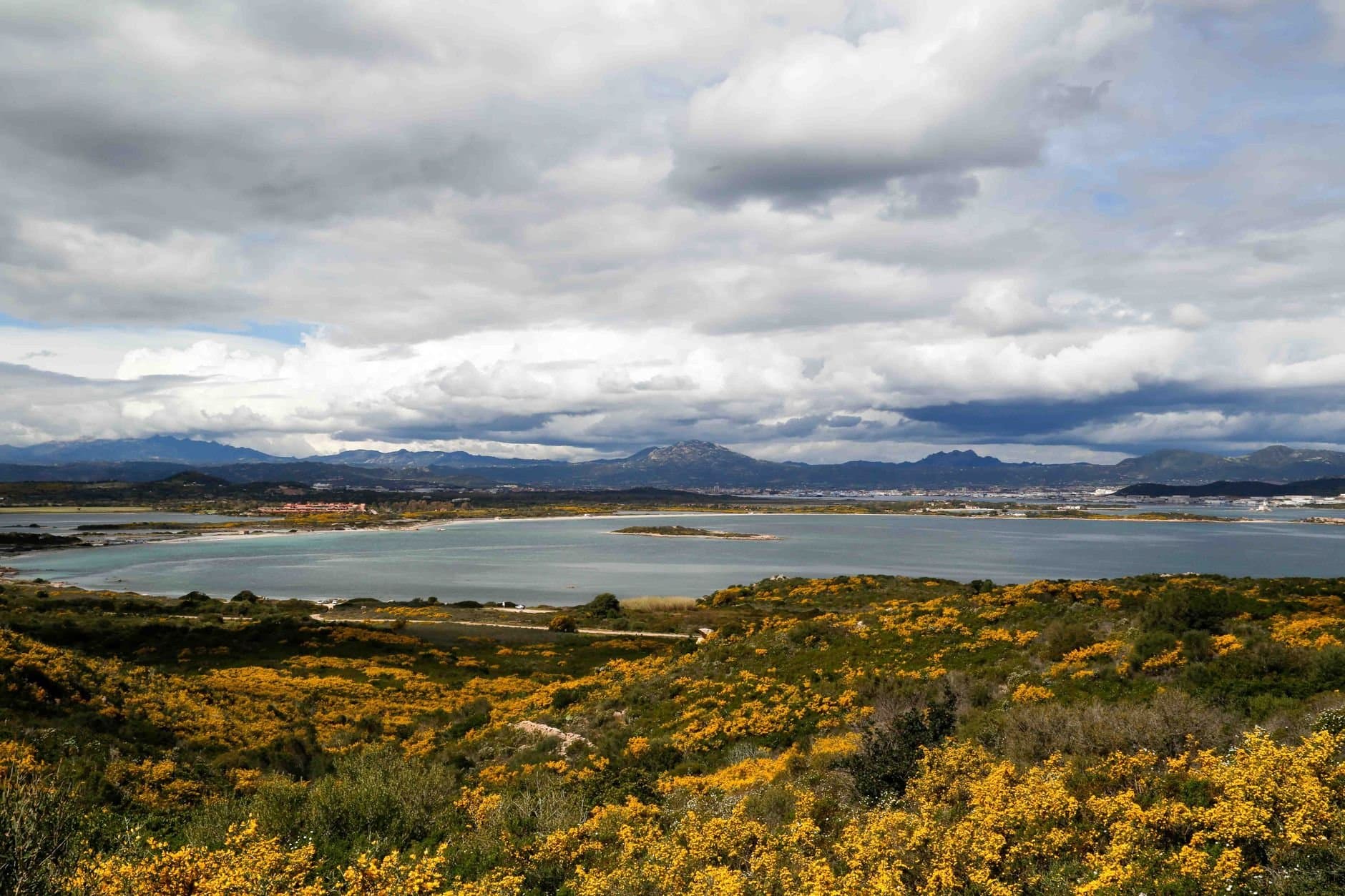 A stunning landscape of Murta Maria, Sardinia showcasing a serene body of water and vibrant flora.
