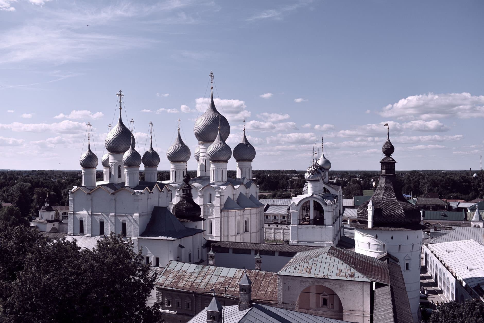 Stunning aerial view of the Rostov Kremlin under a summer sky in Russia.