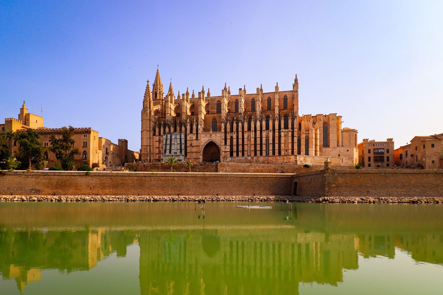 Stunning view of the Palma de Mallorca Cathedral reflecting in the waterfront under the afternoon sun.