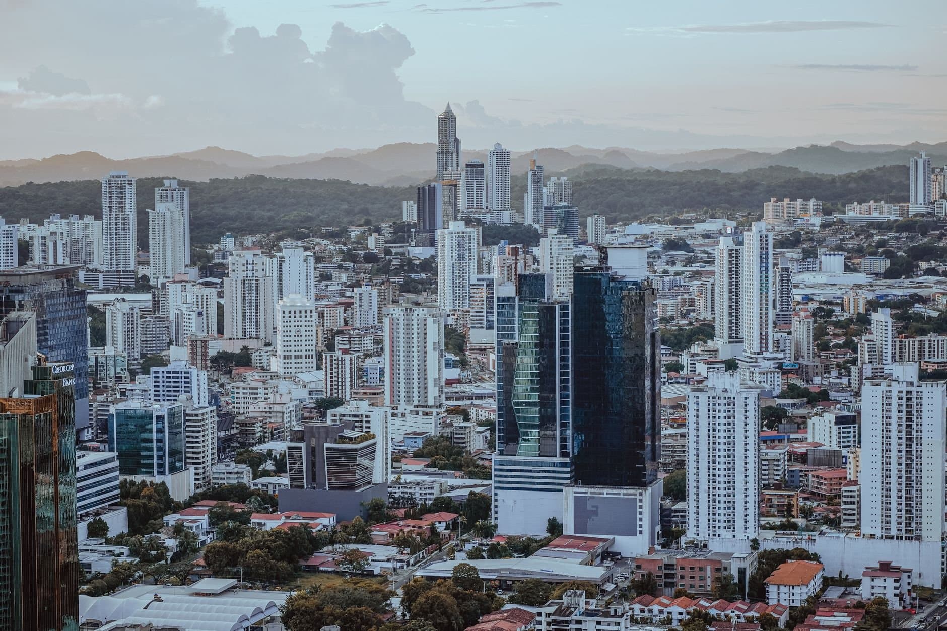 Aerial view of Panama City's bustling skyline featuring modern skyscrapers and urban architecture.