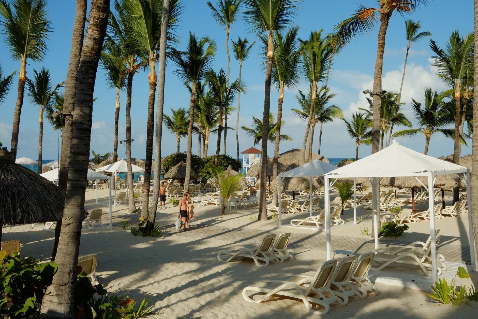 Idyllic tropical beach scene with palm trees, lounge chairs, and umbrellas at an oceanfront resort.