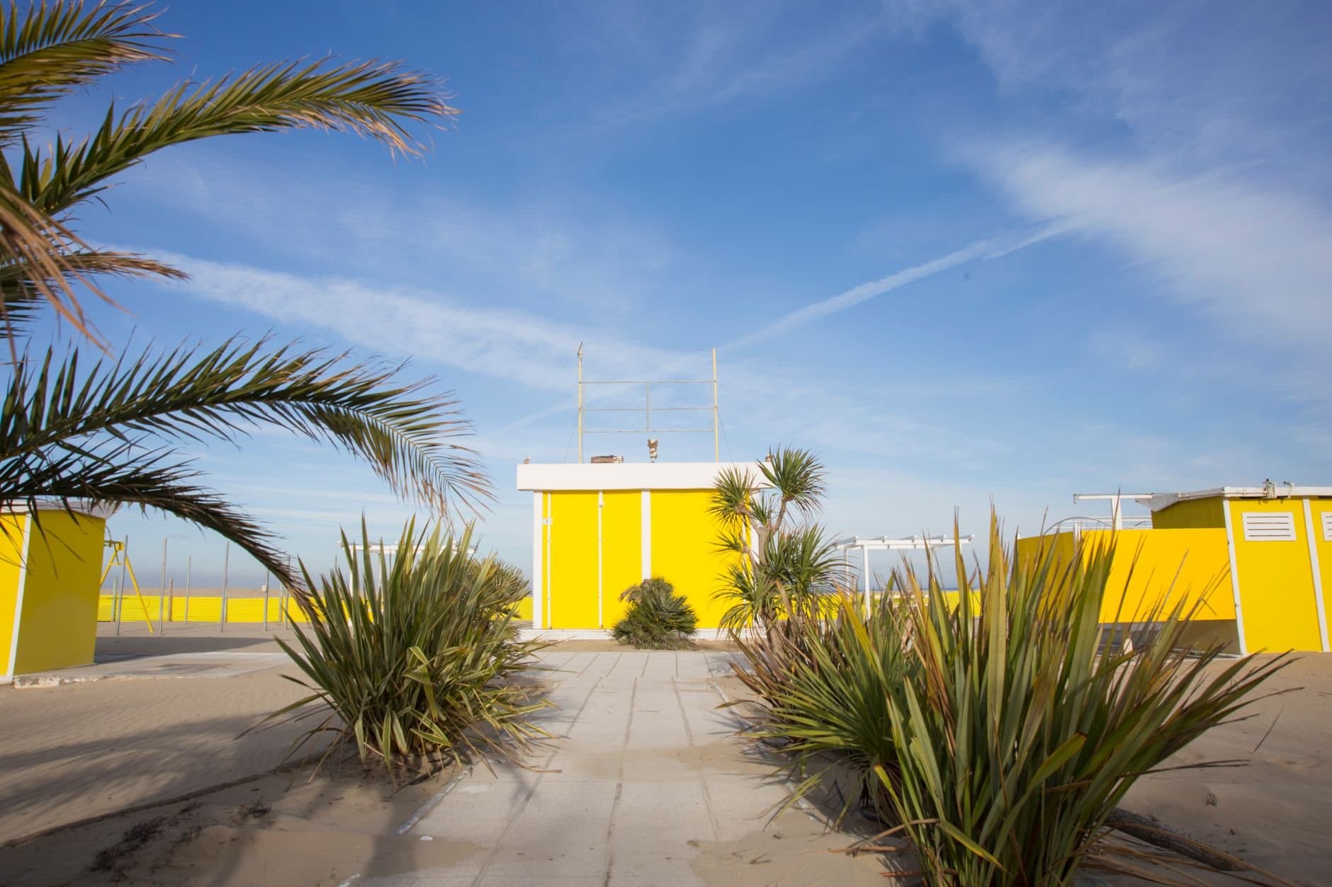 Bright yellow beach huts and tropical plants under a clear blue sky in Rimini, Italy.