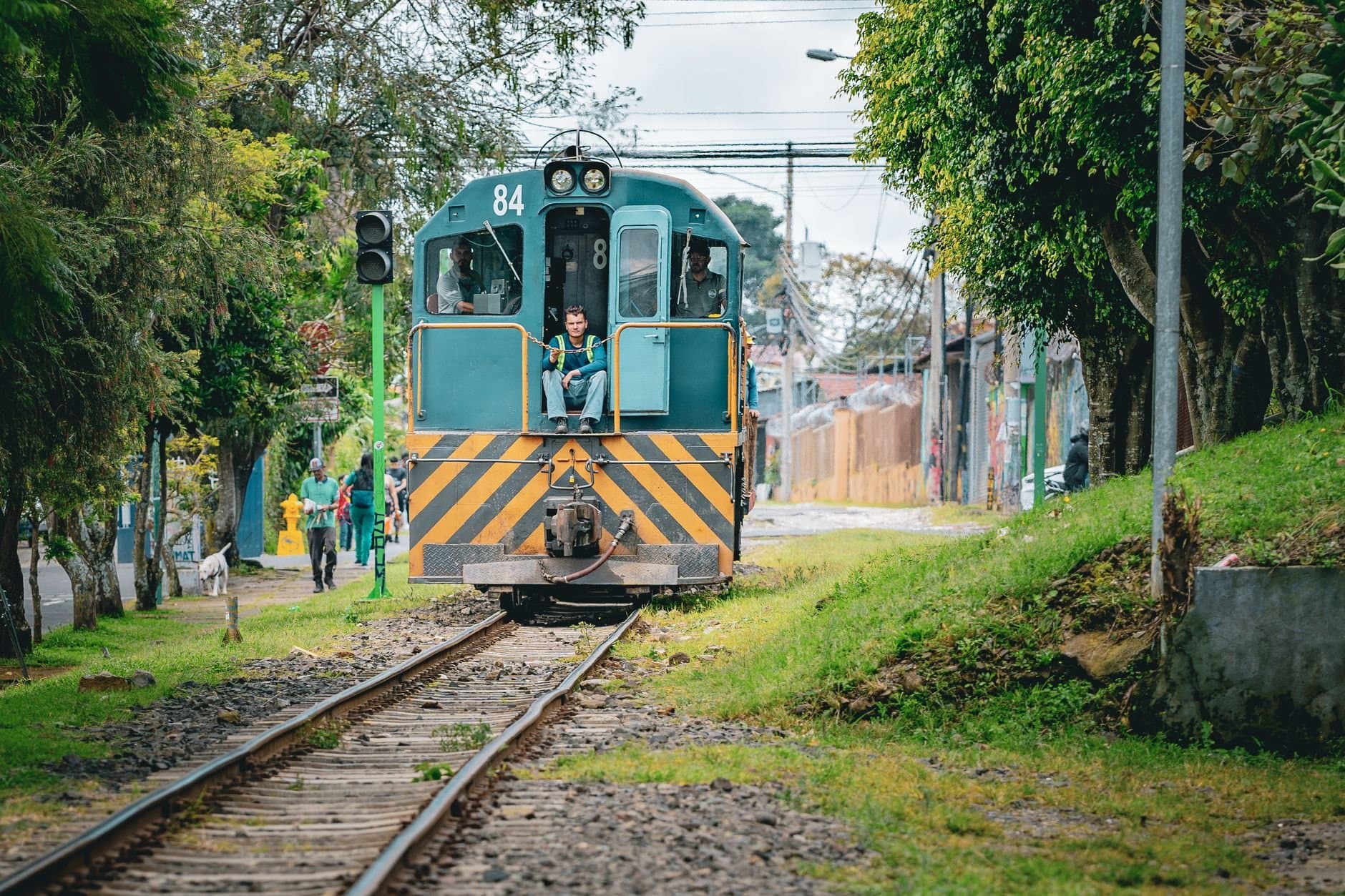 A train moves through a green neighborhood in San José, Costa Rica on a bright day.