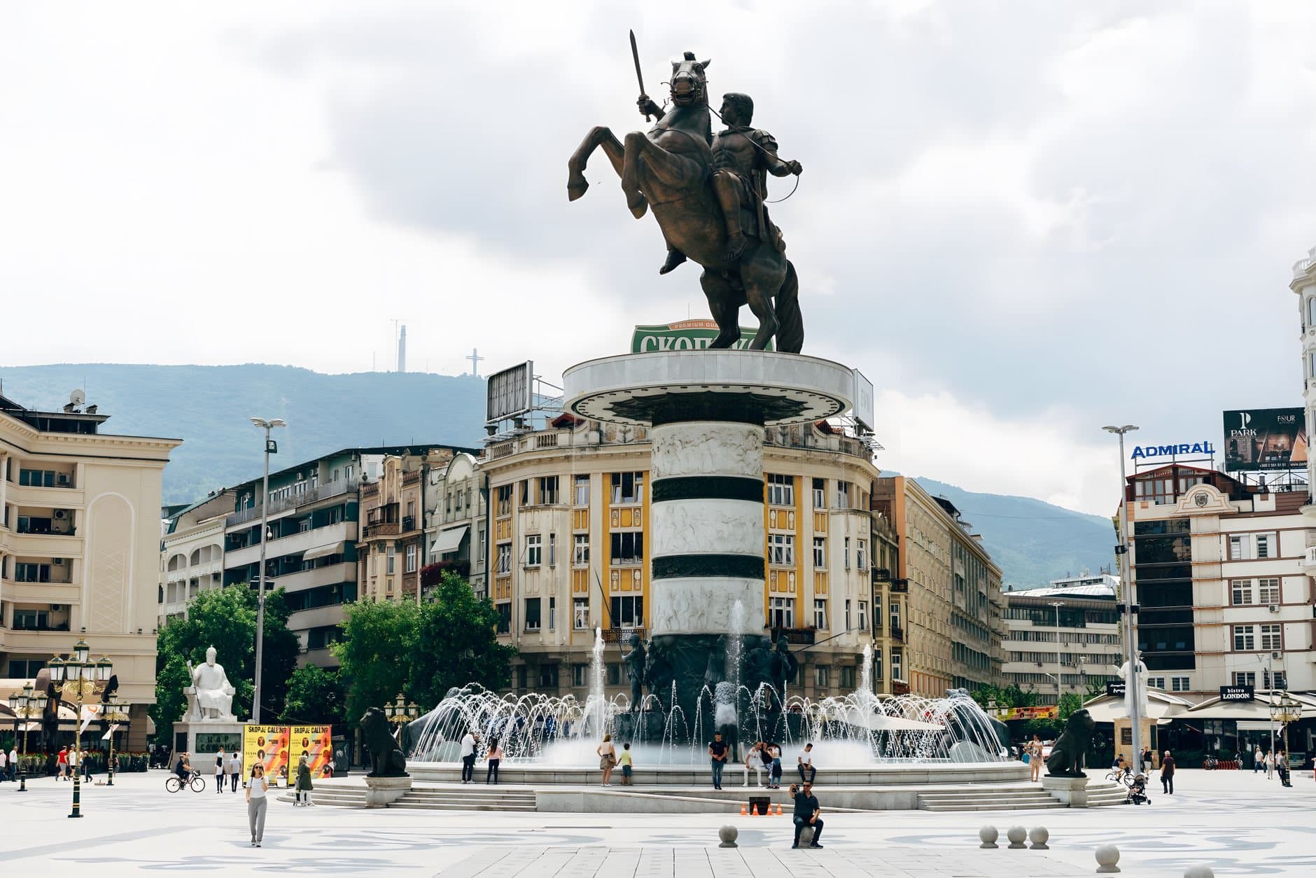 Monument of Alexander the Great in central Skopje, showcasing urban design.