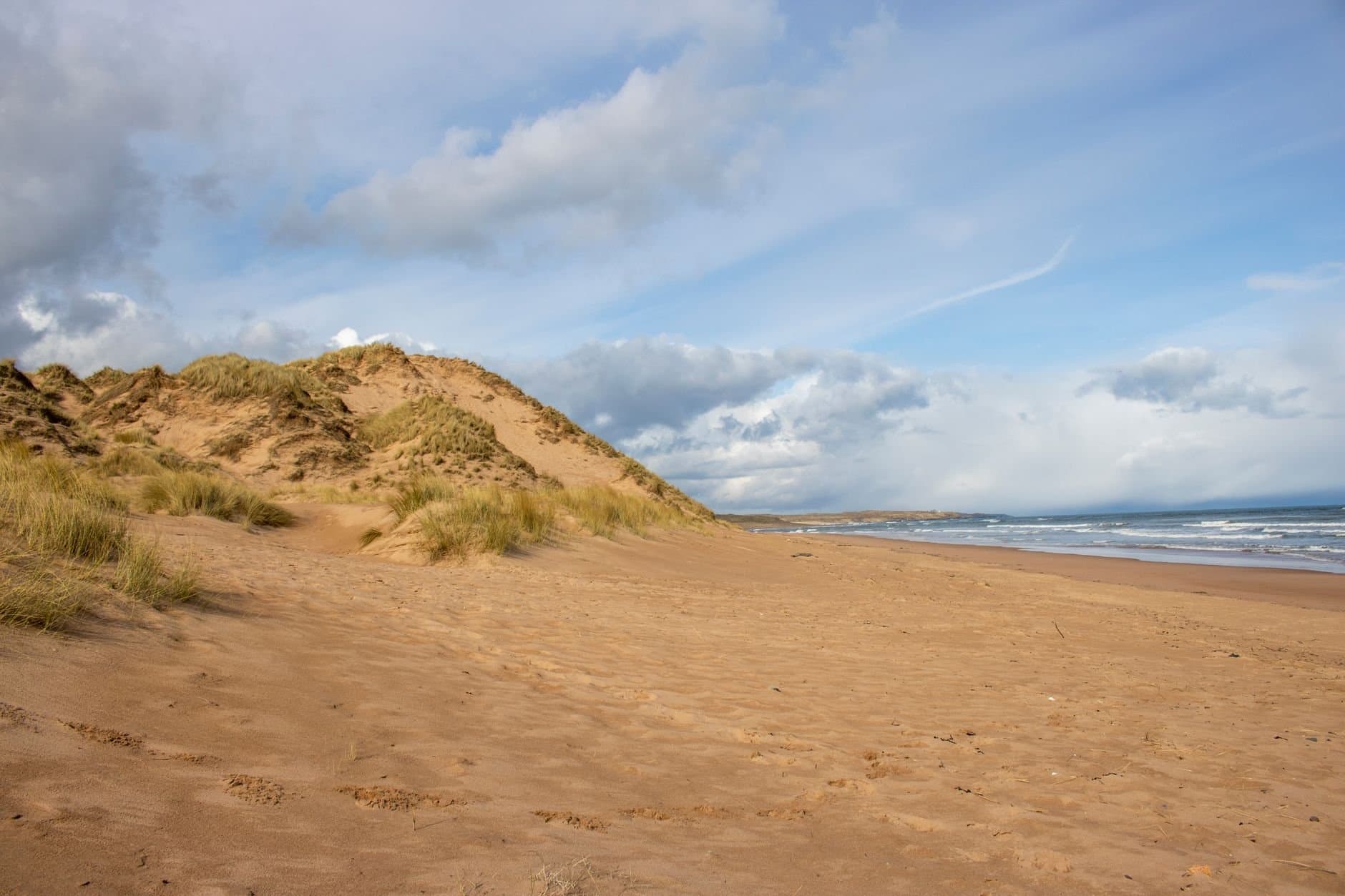 Scenic view of Newburgh's sandy beach with rolling dunes under a partly cloudy sky.