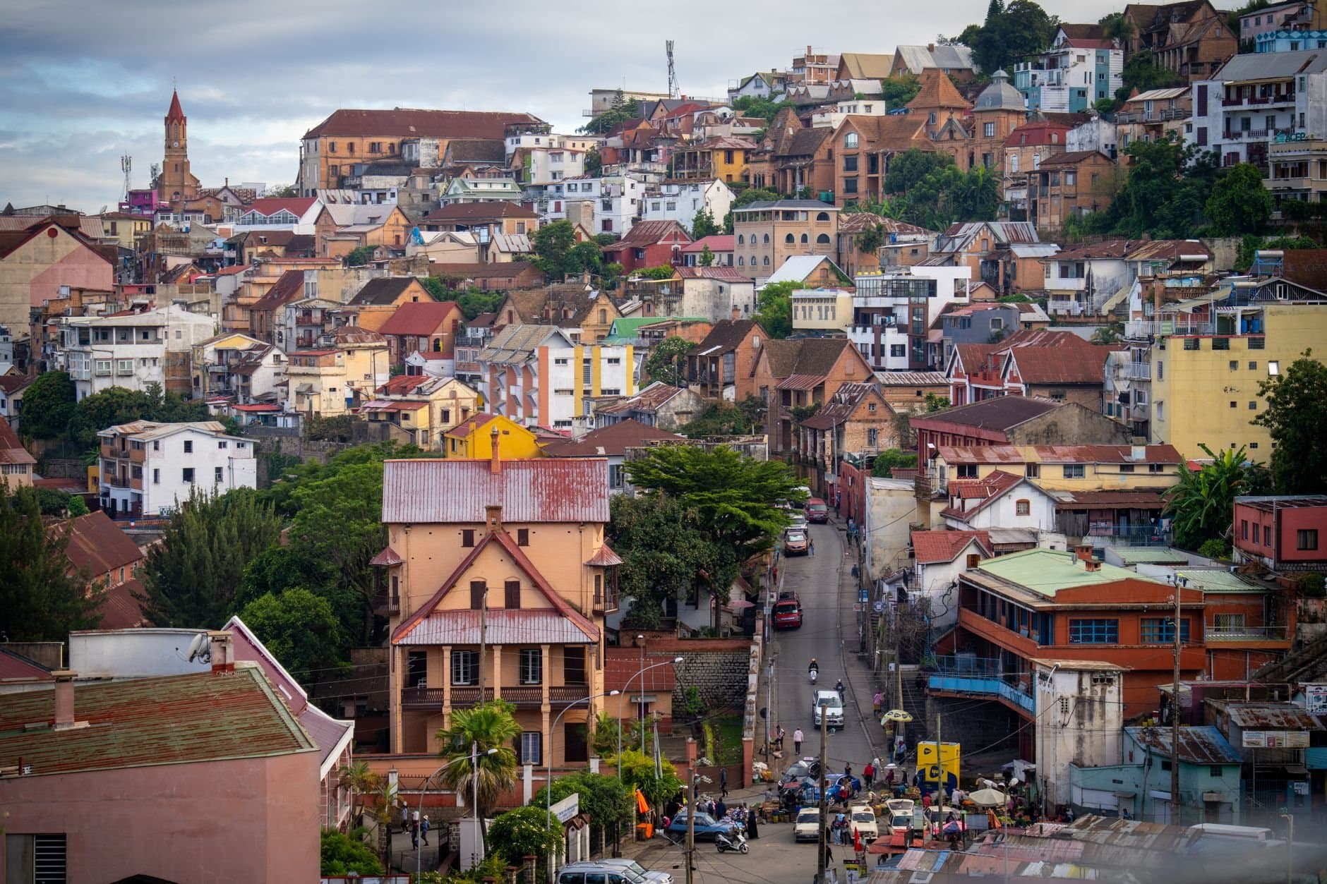 A vibrant aerial view of Antananarivo, Madagascar showcasing diverse architecture and bustling streets.