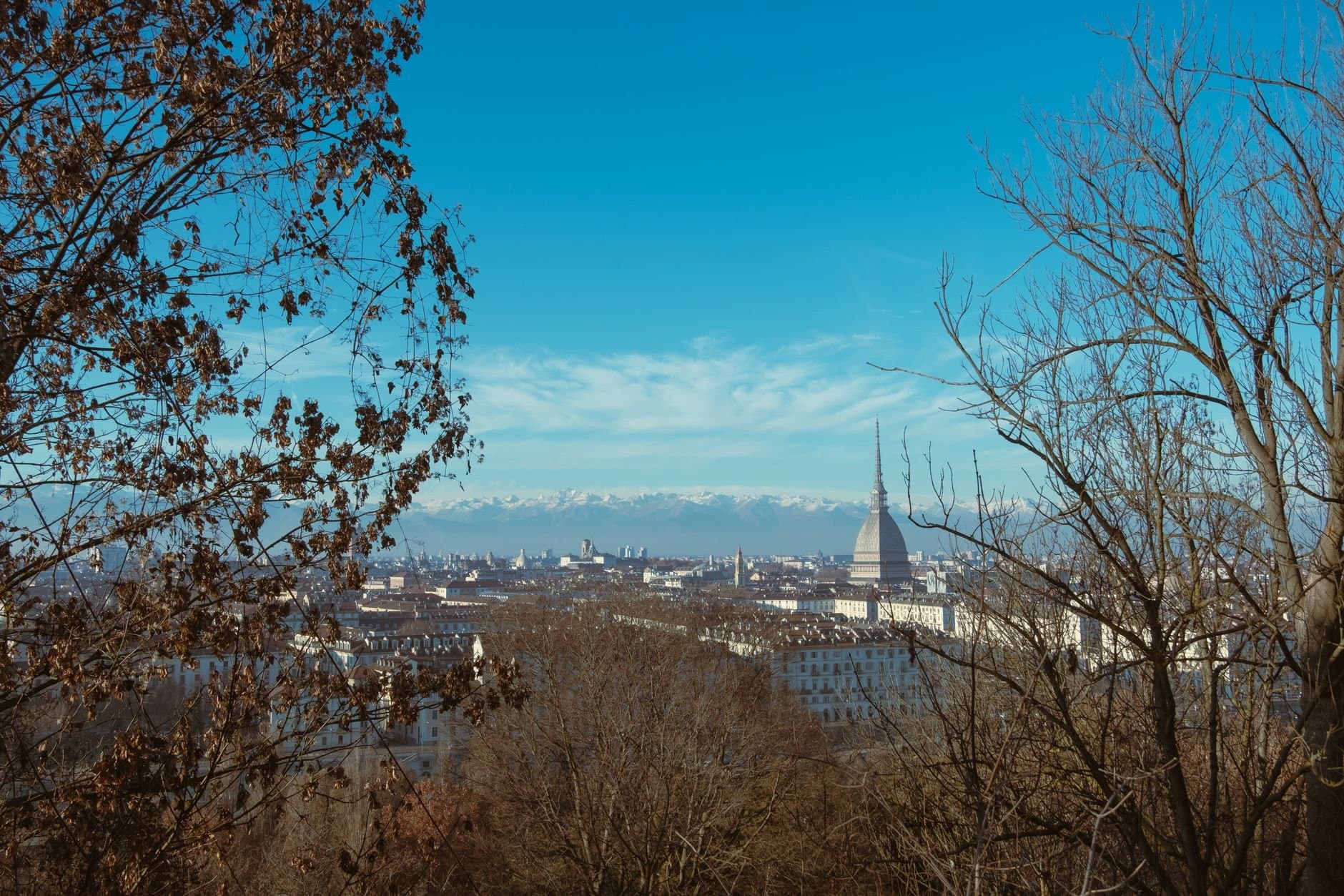 Stunning aerial landscape of Turin, featuring the Mole Antonelliana with the Alps in the background.