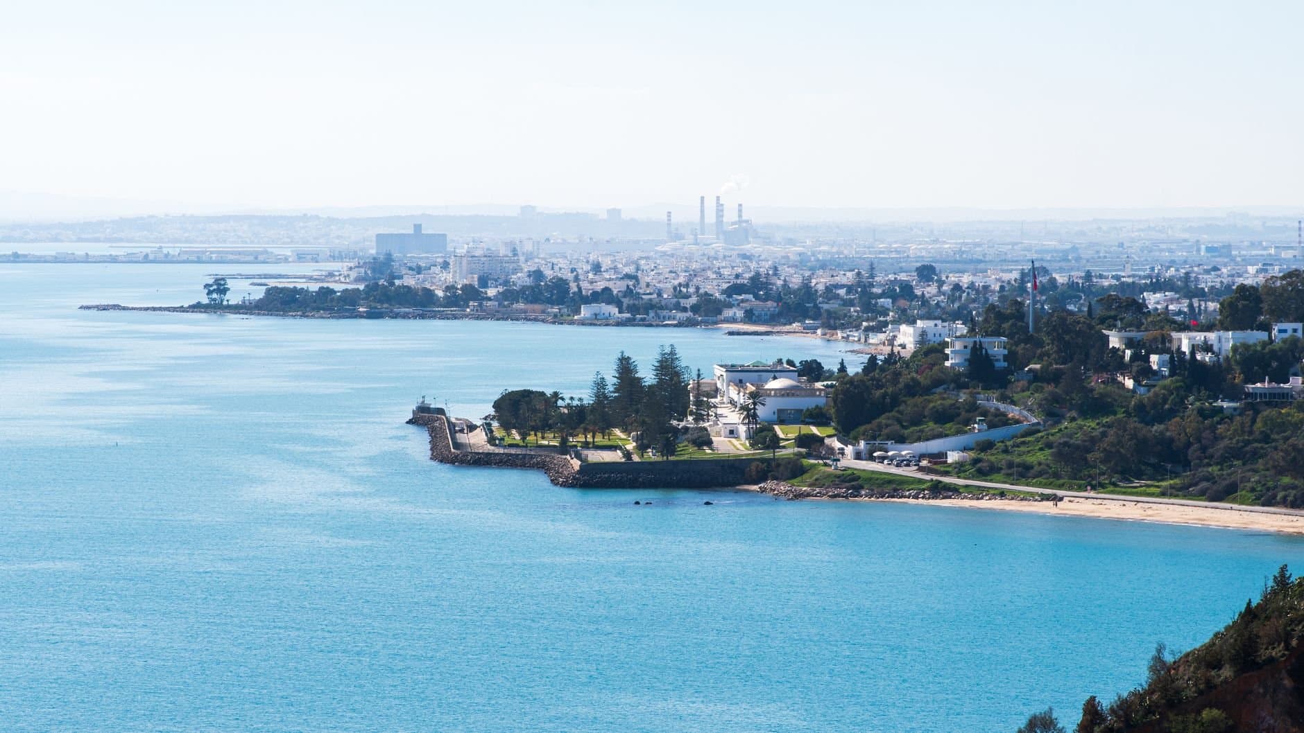 Stunning aerial view of Carthage shoreline in Tunisia. Perfect for travel and landscape enthusiasts.