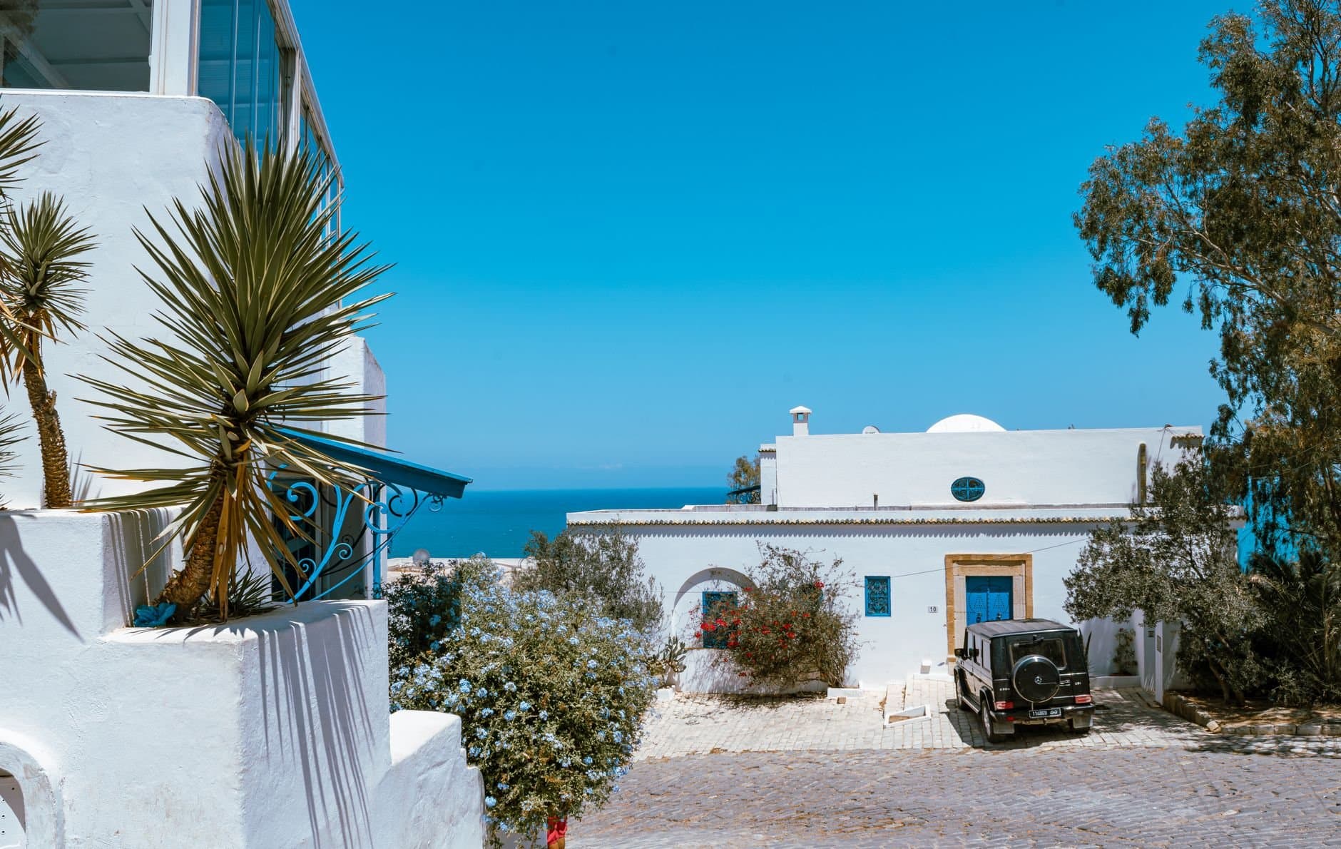 Charming view of traditional white Tunisian architecture with blue accents and Mediterranean Sea background.